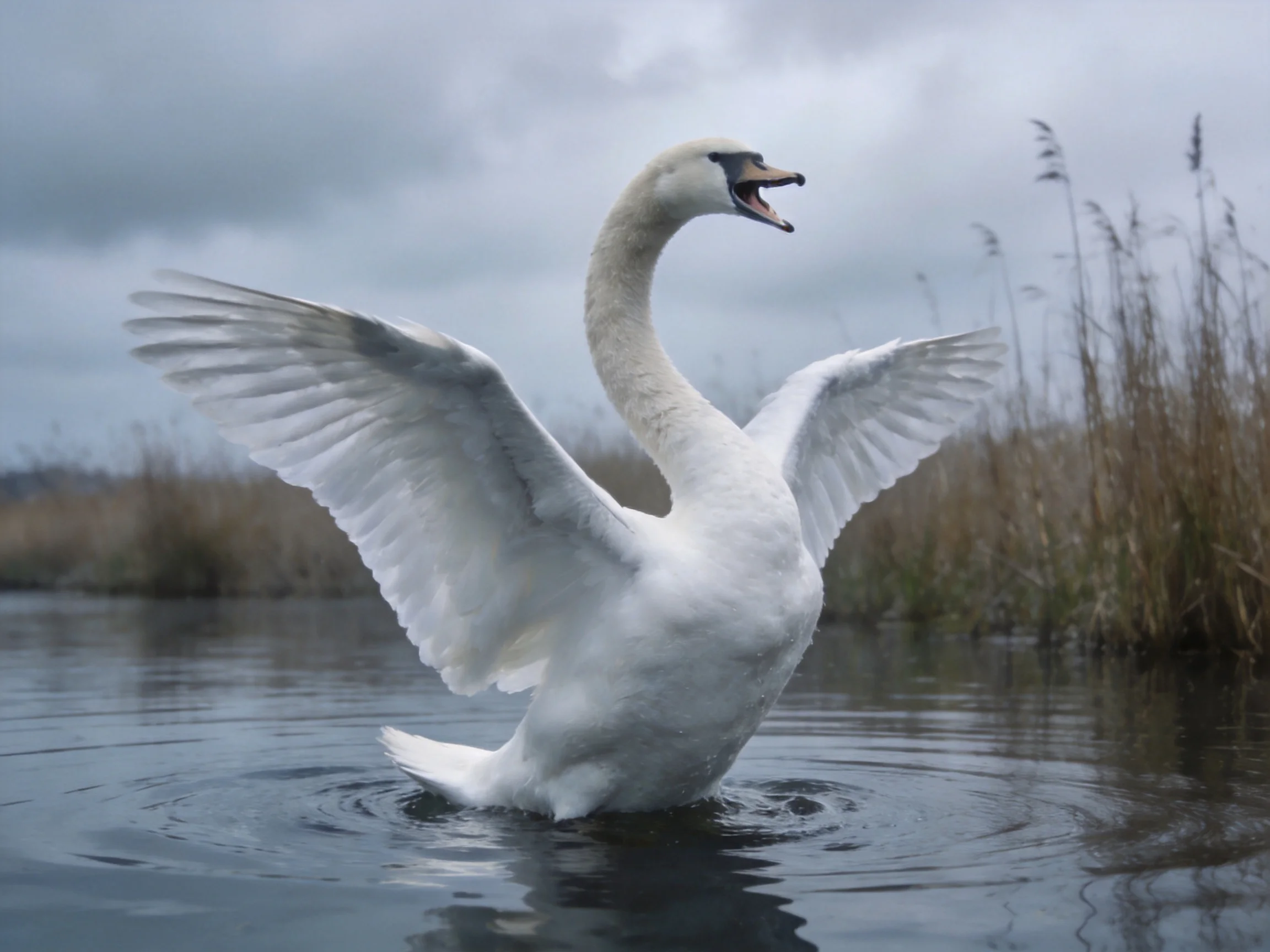 A white swan spreading wings in calm water