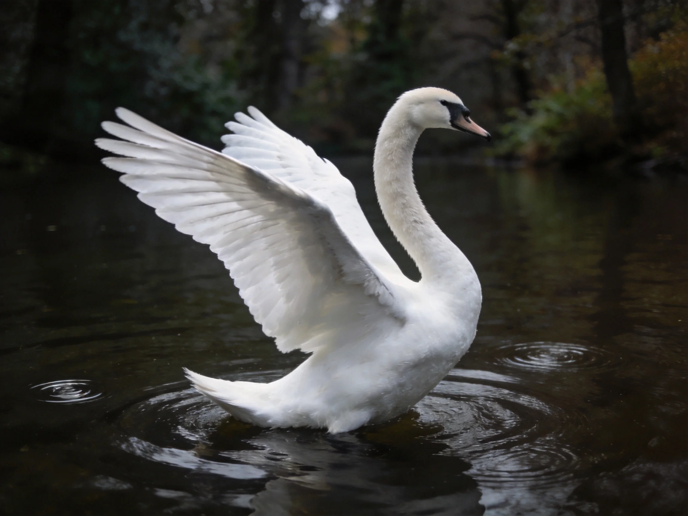 A white swan spreading wings in dark, rippling water