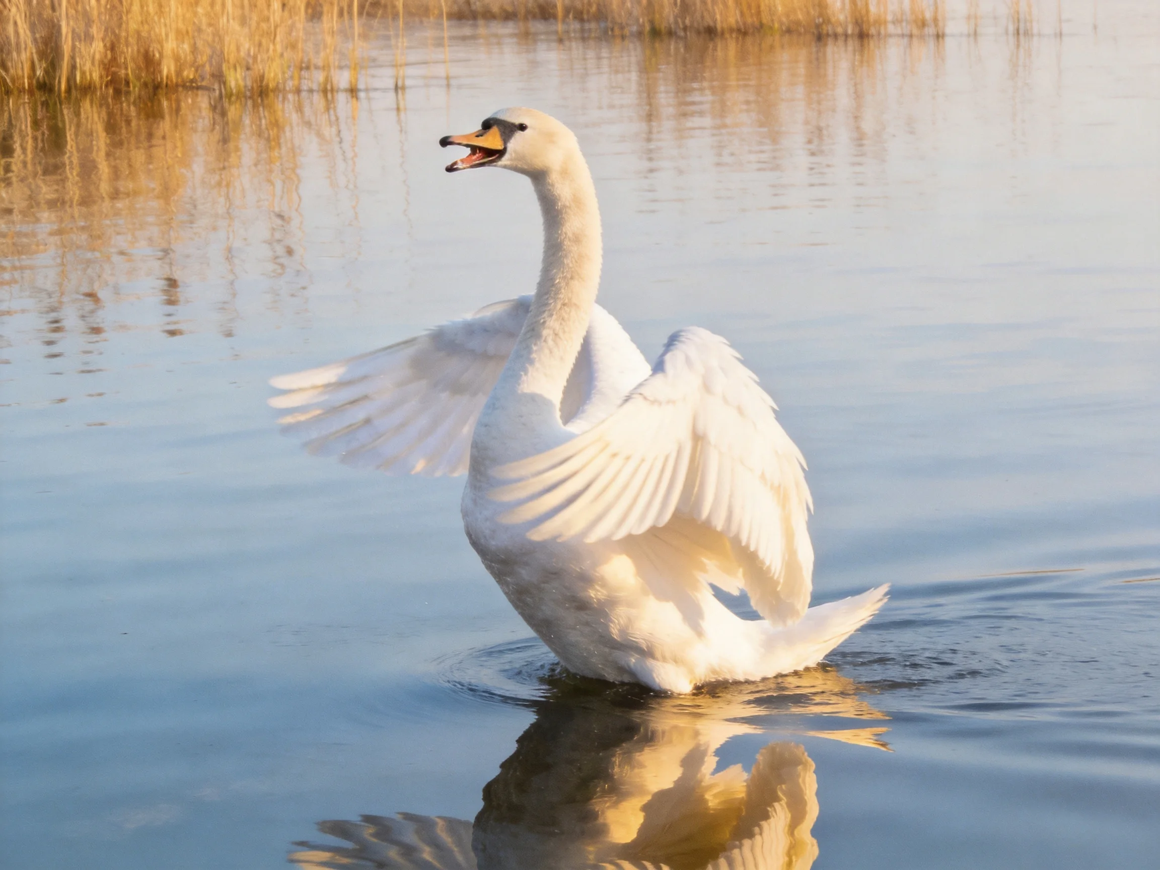 A white swan spreading wings in tranquil water near golden reeds