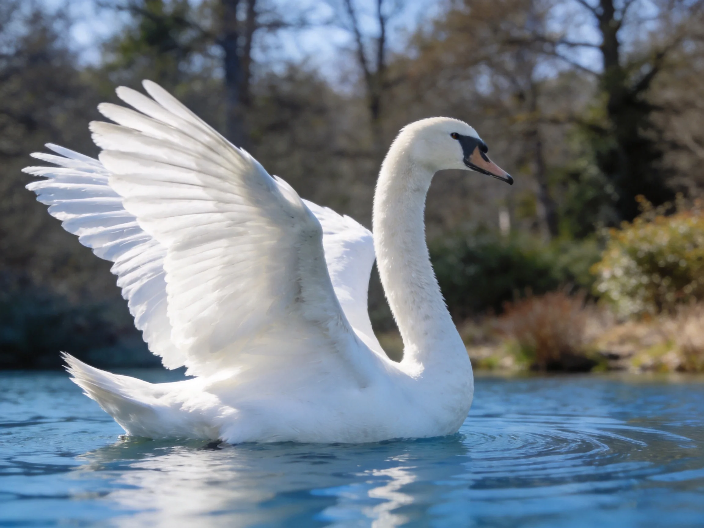 A white swan spreading wings on calm blue water