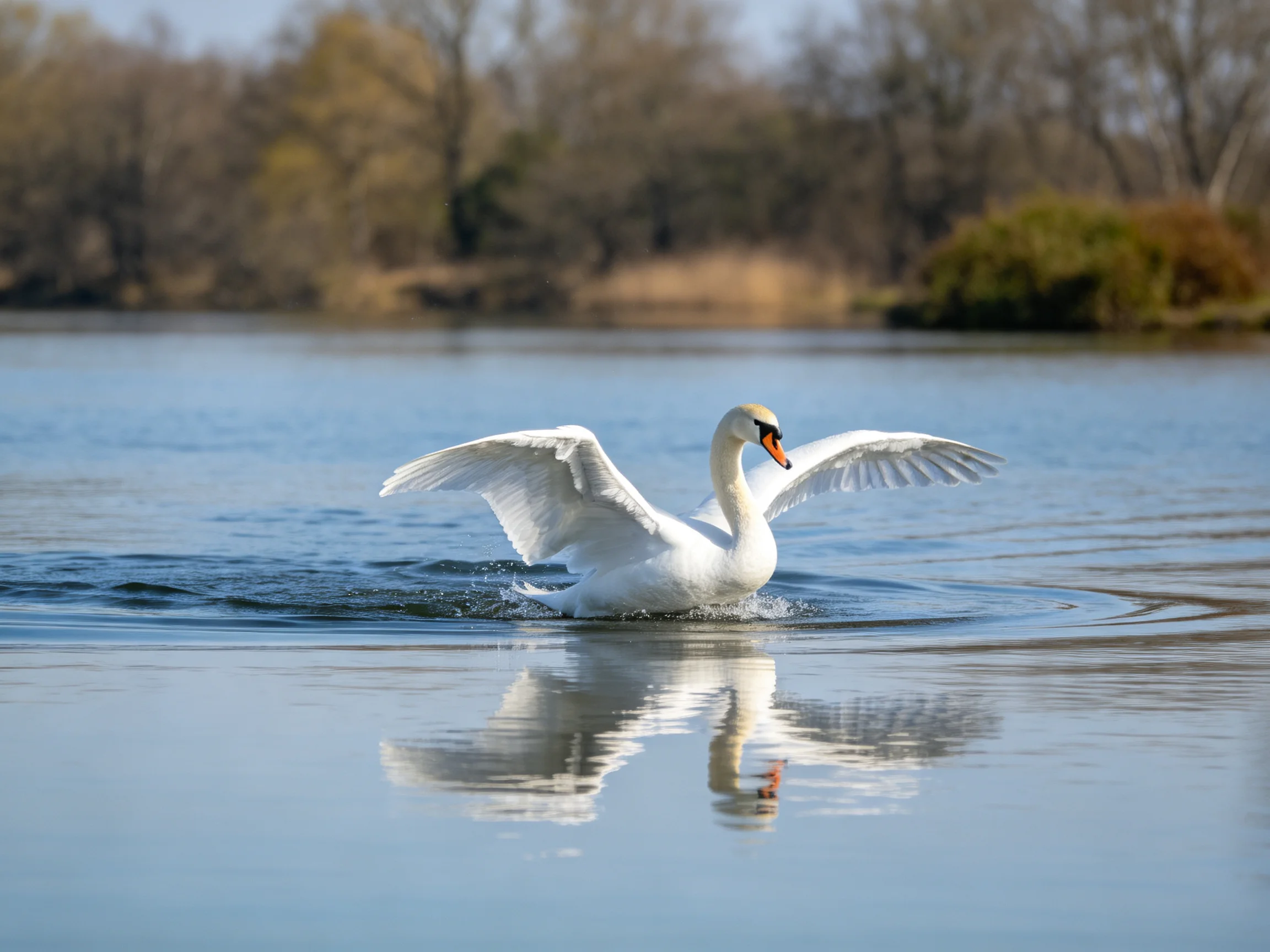 A white swan spreading wings on calm blue water