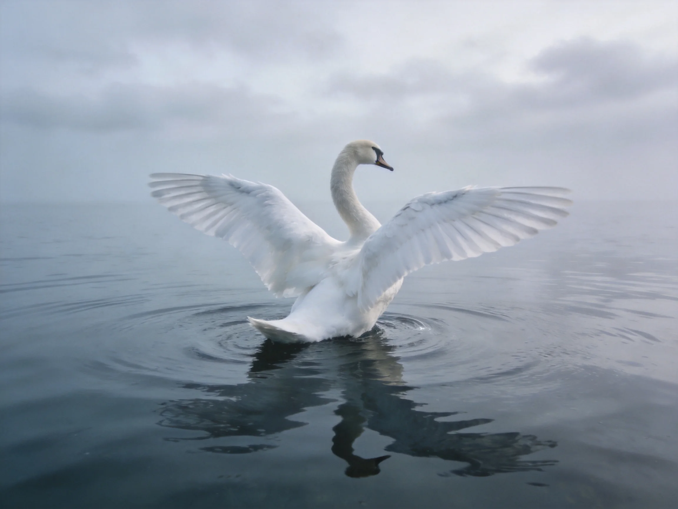 A white swan spreading wings on misty tranquil water