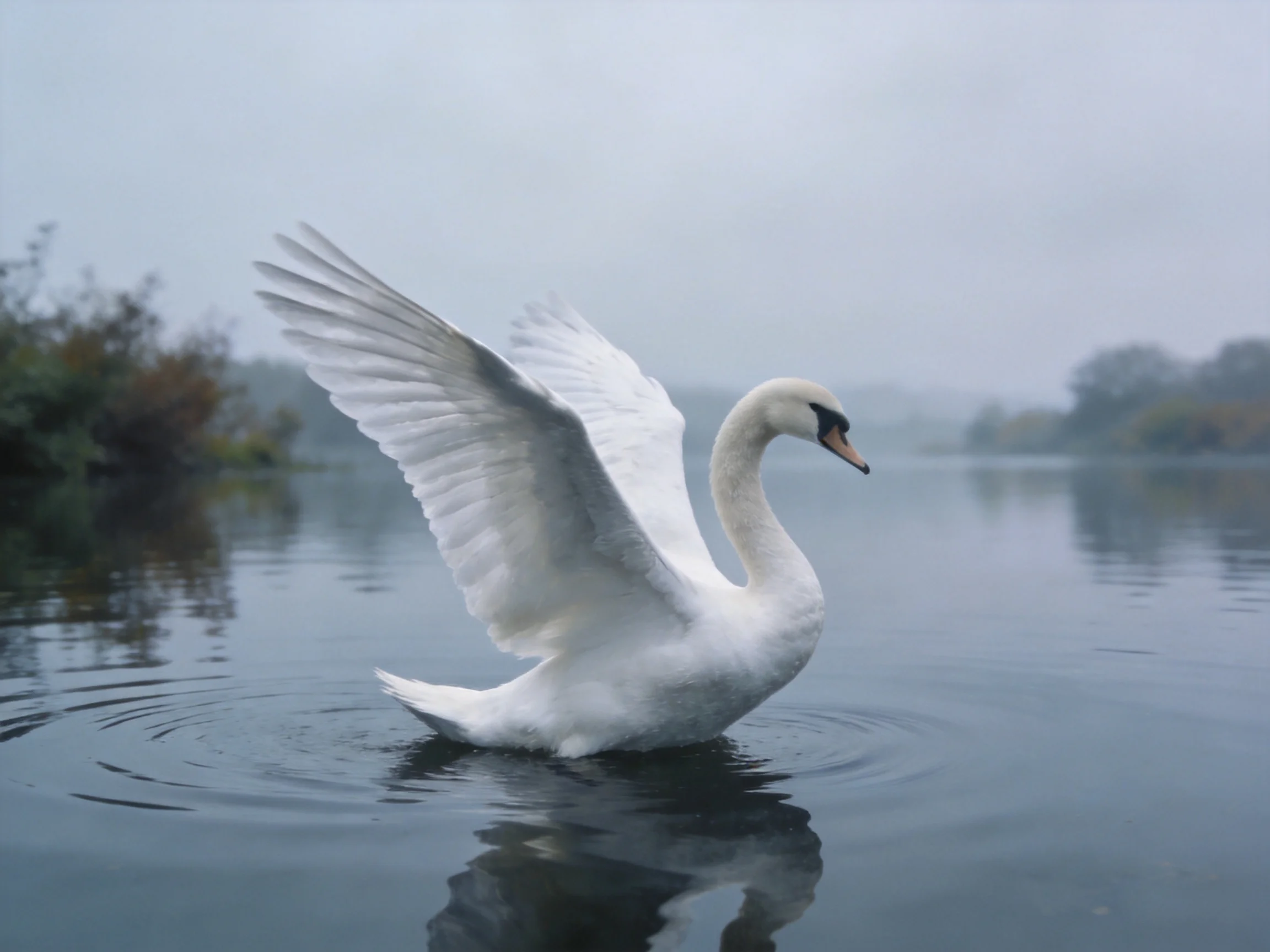 A white swan spreading wings on misty water