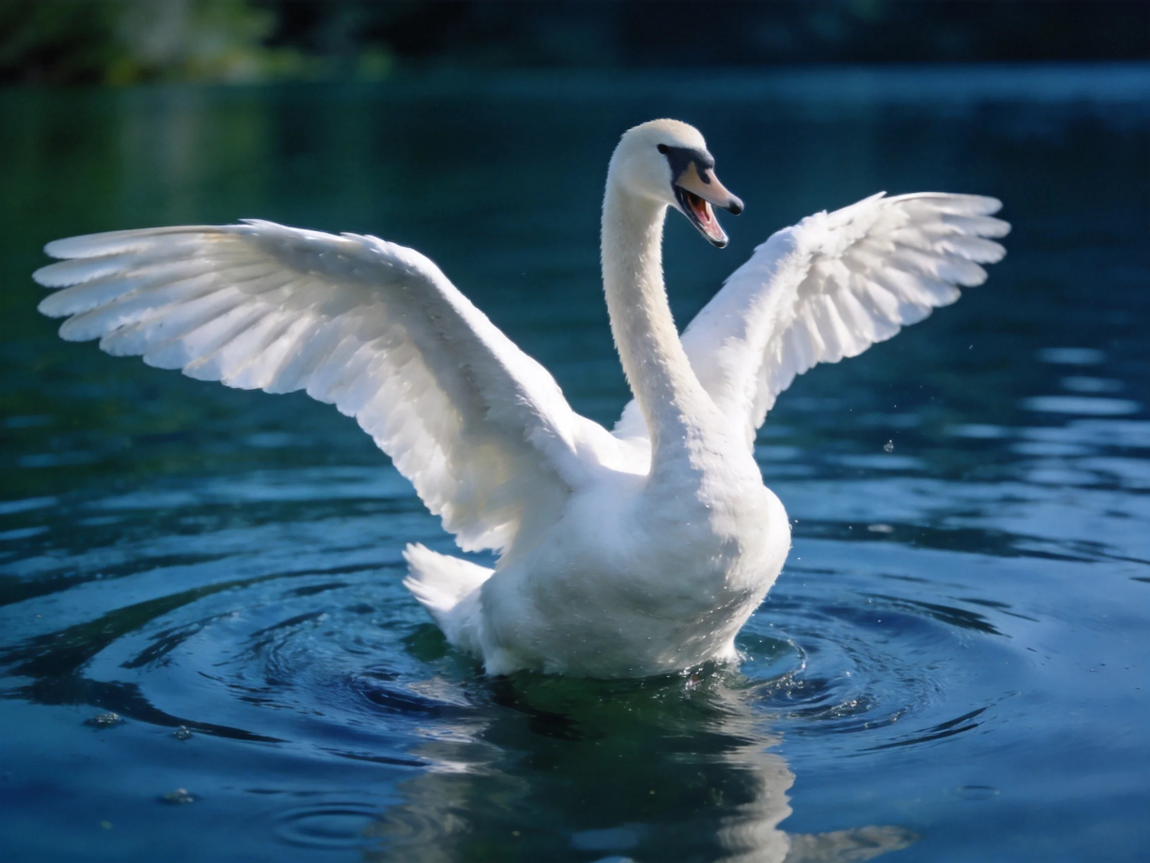 A white swan spreading wings over calm blue water