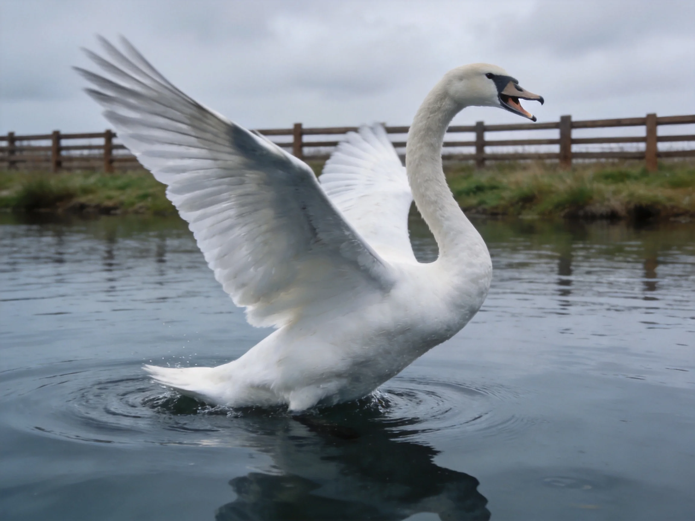 A white swan spreading wings over calm water near a wooden fence
