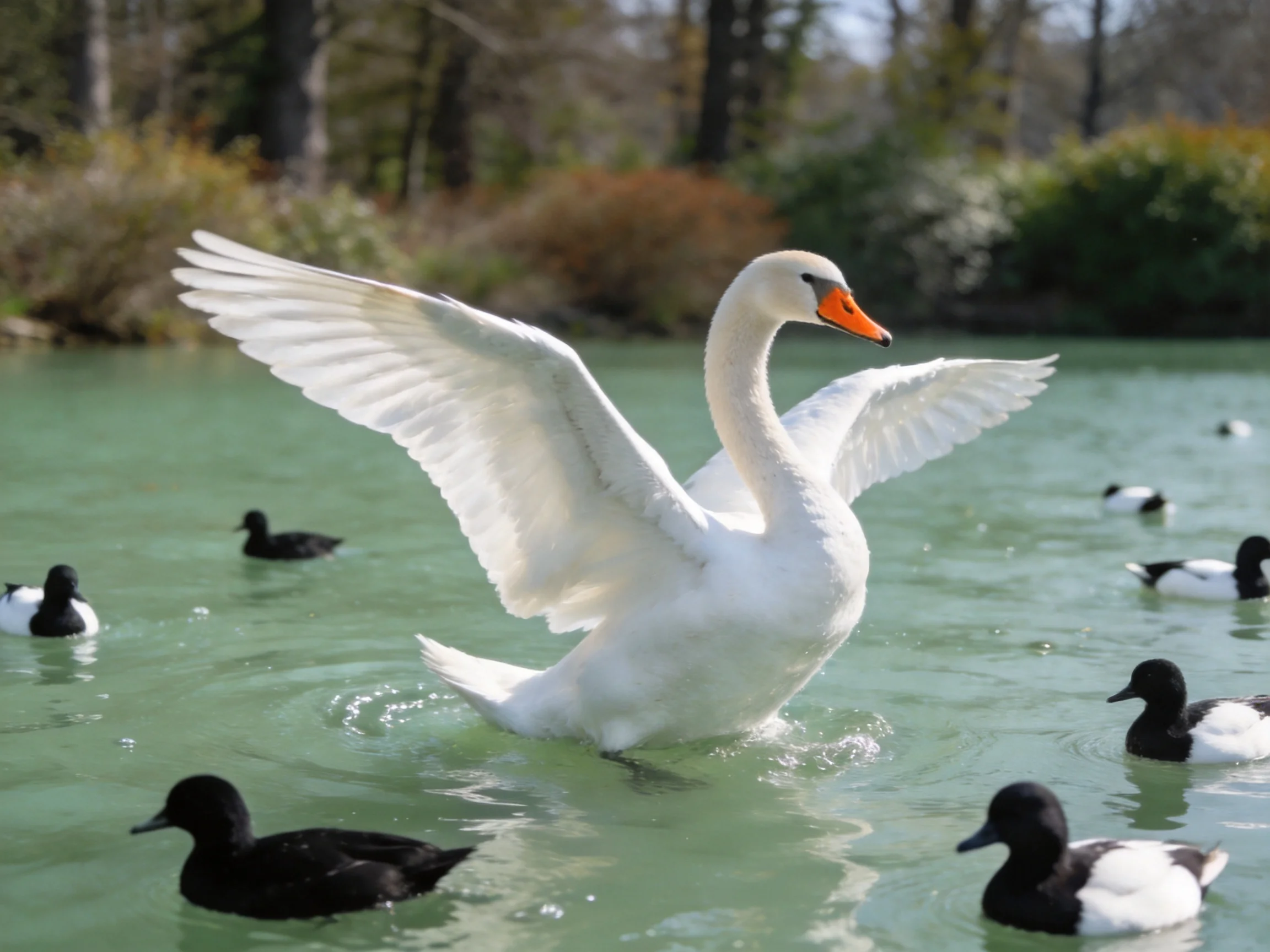A white swan spreads wings among black and white ducks in calm water