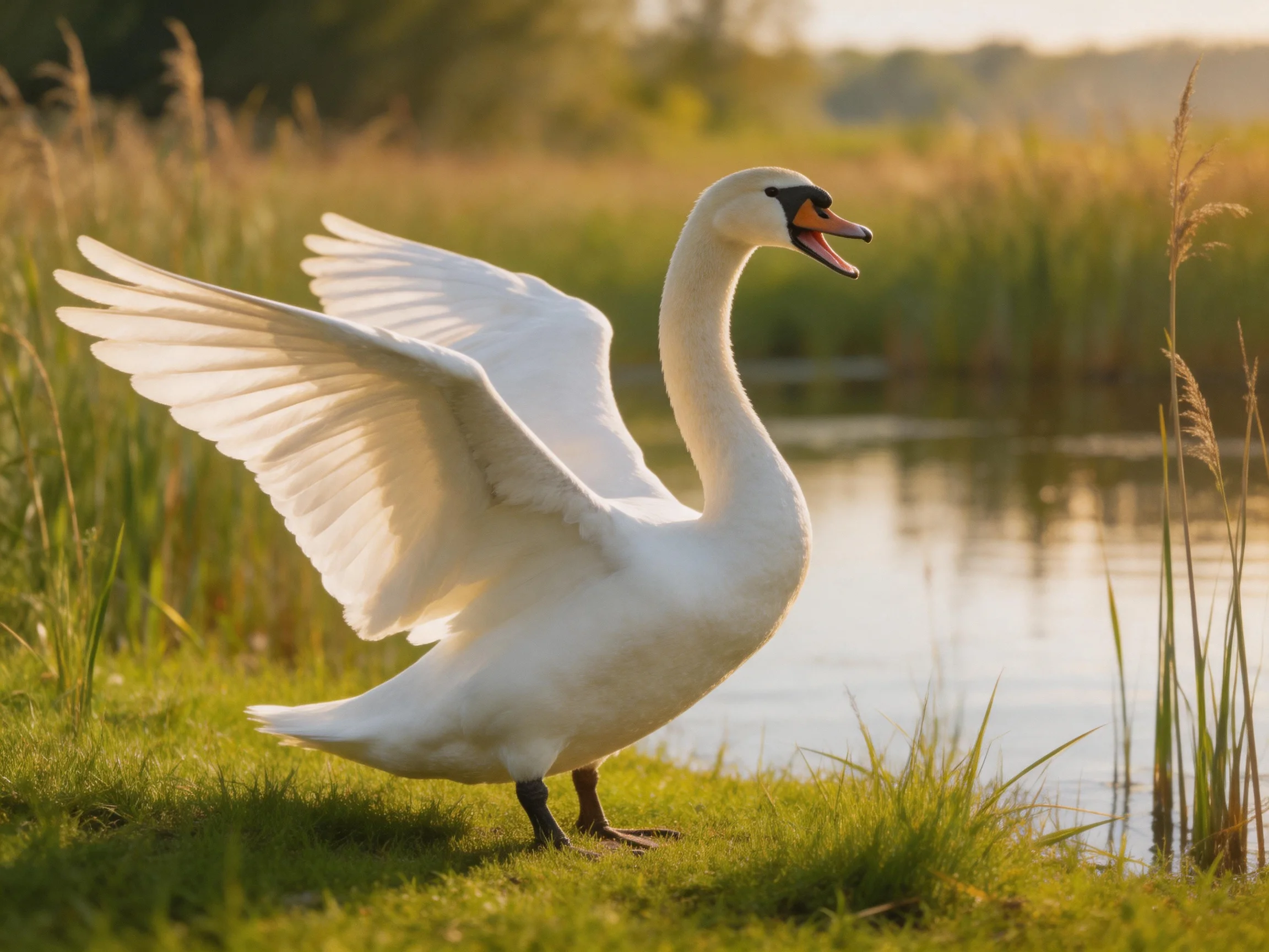 A white swan spreads wings by a calm pond at golden hour