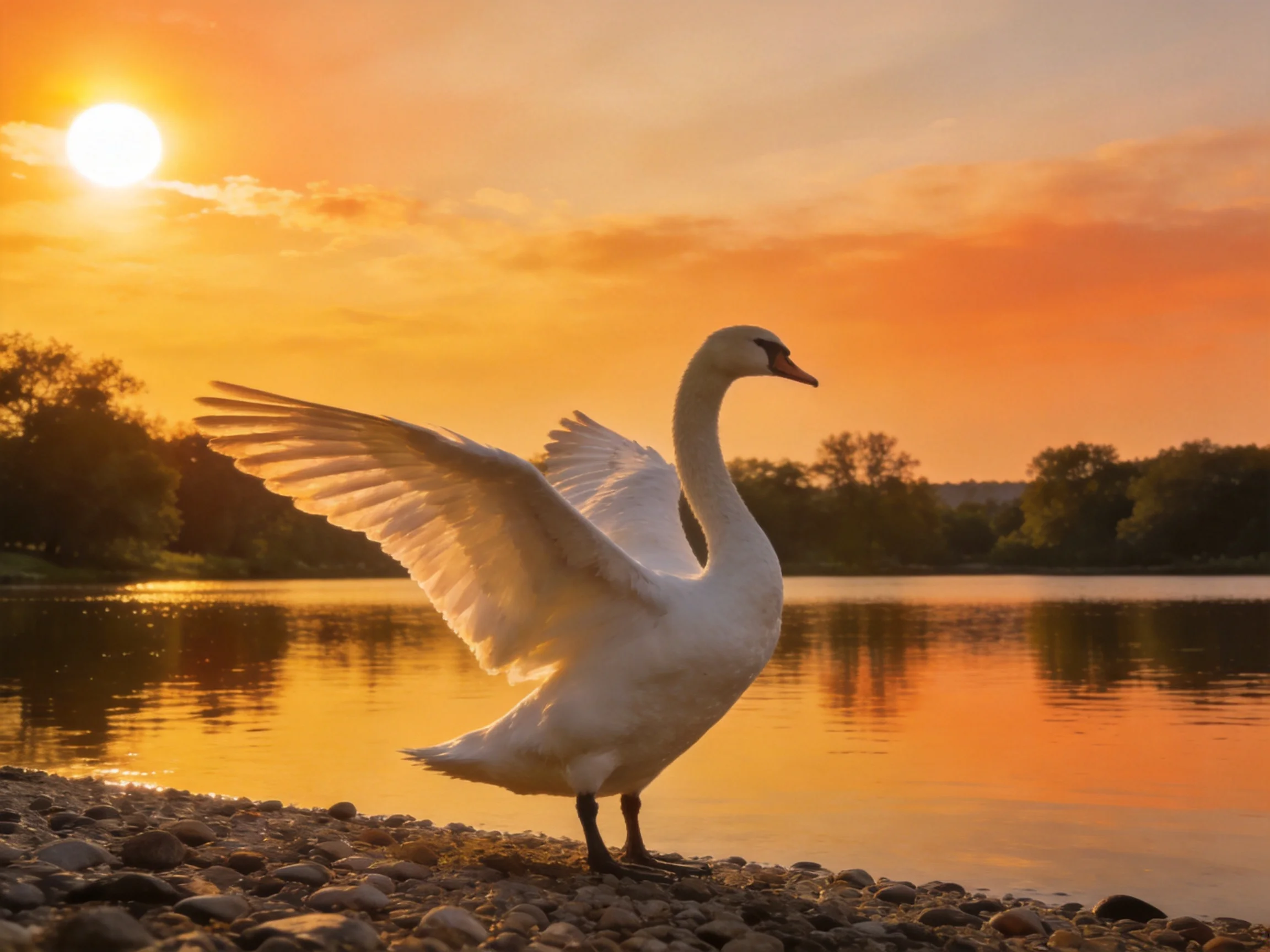 A white swan spreads wings by a golden lakeshore at sunset