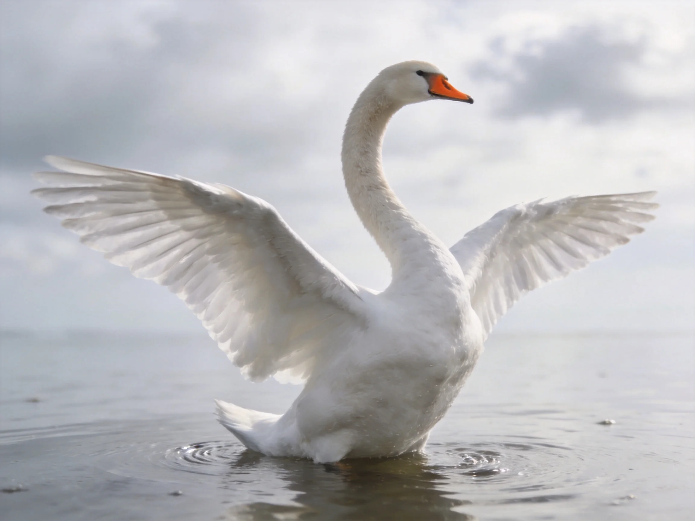 A white swan spreads wings in calm water under cloudy sky