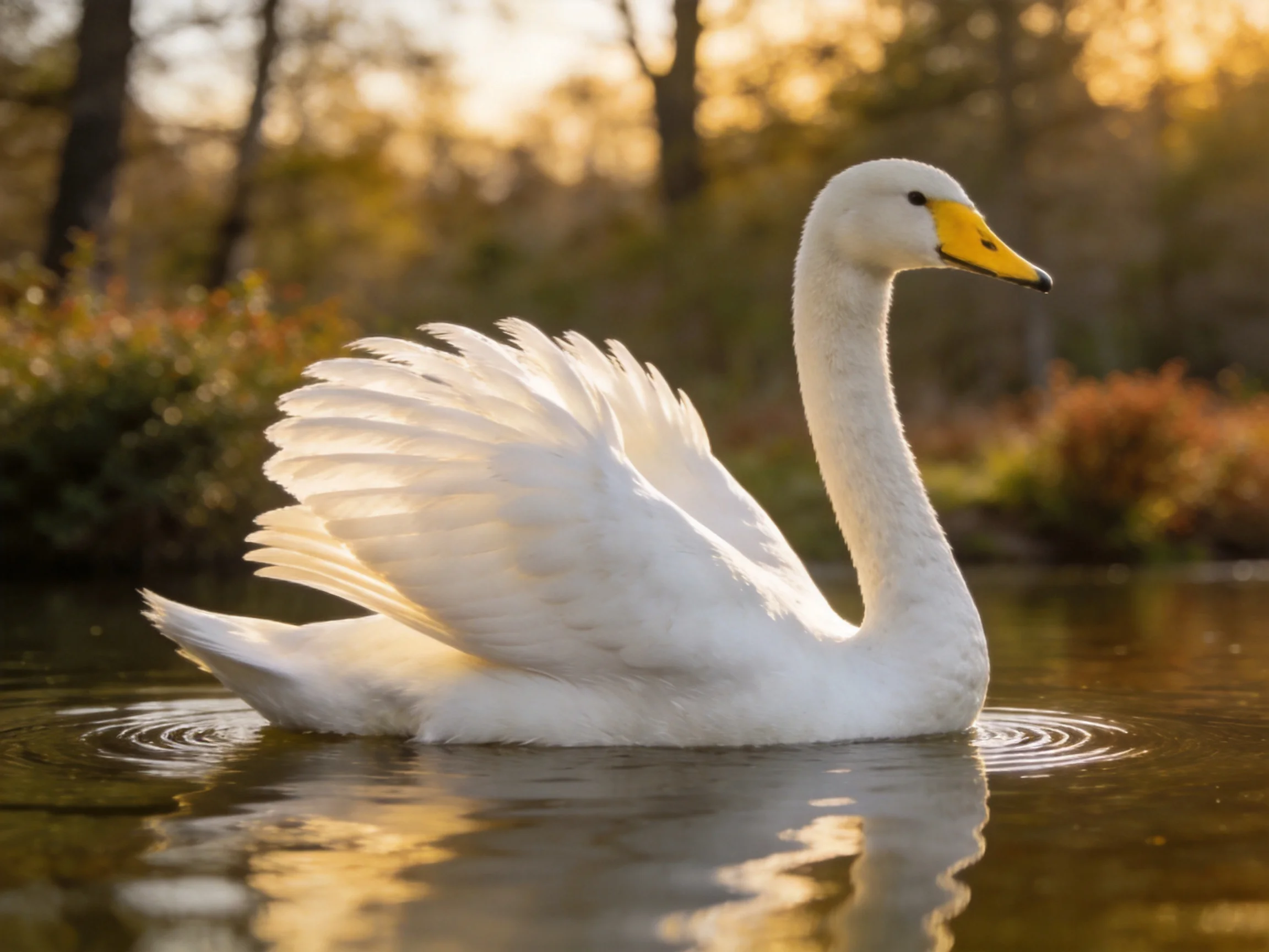 A white swan spreads wings in golden-hour water