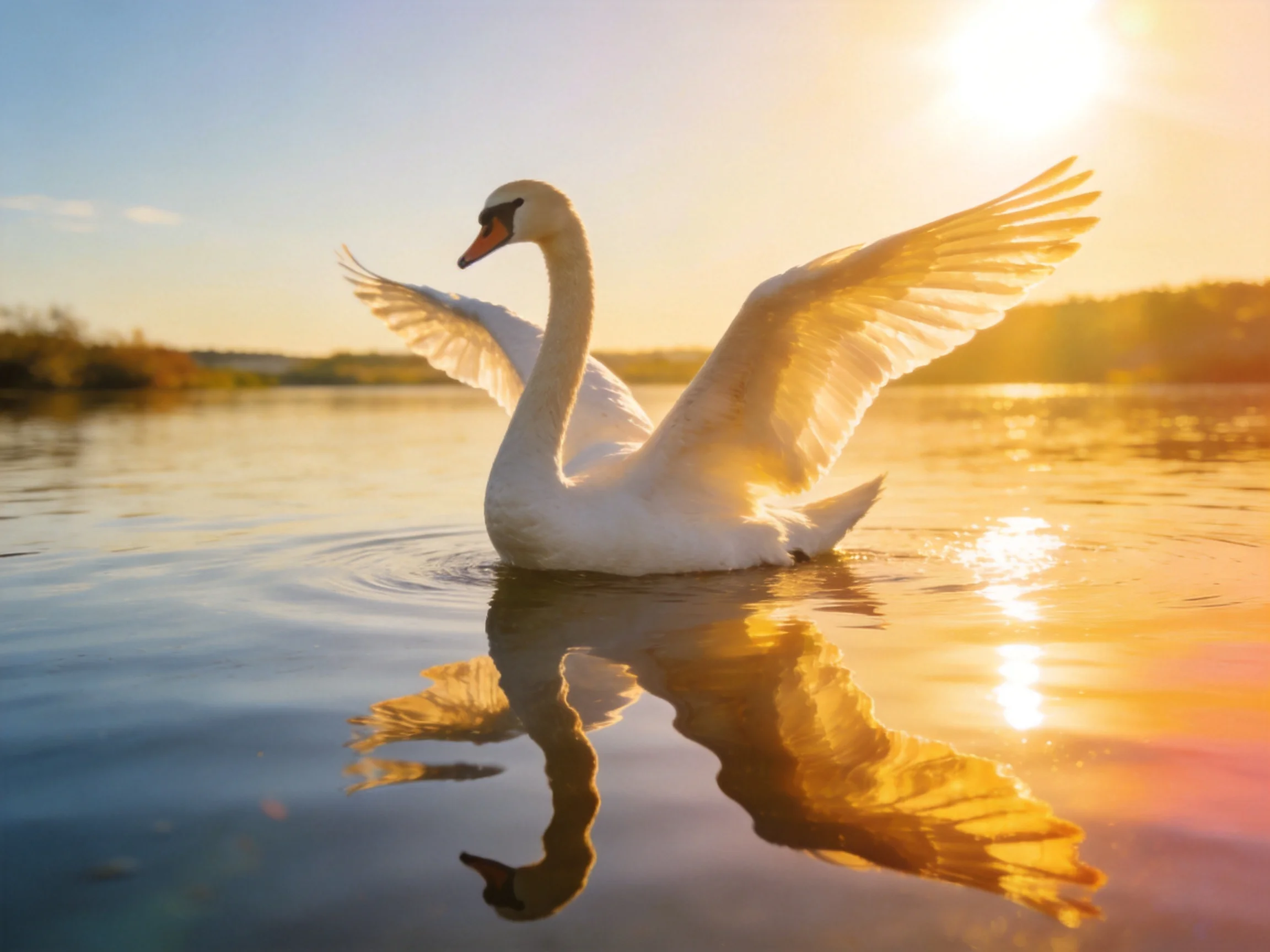 A white swan spreads wings in golden-lit water