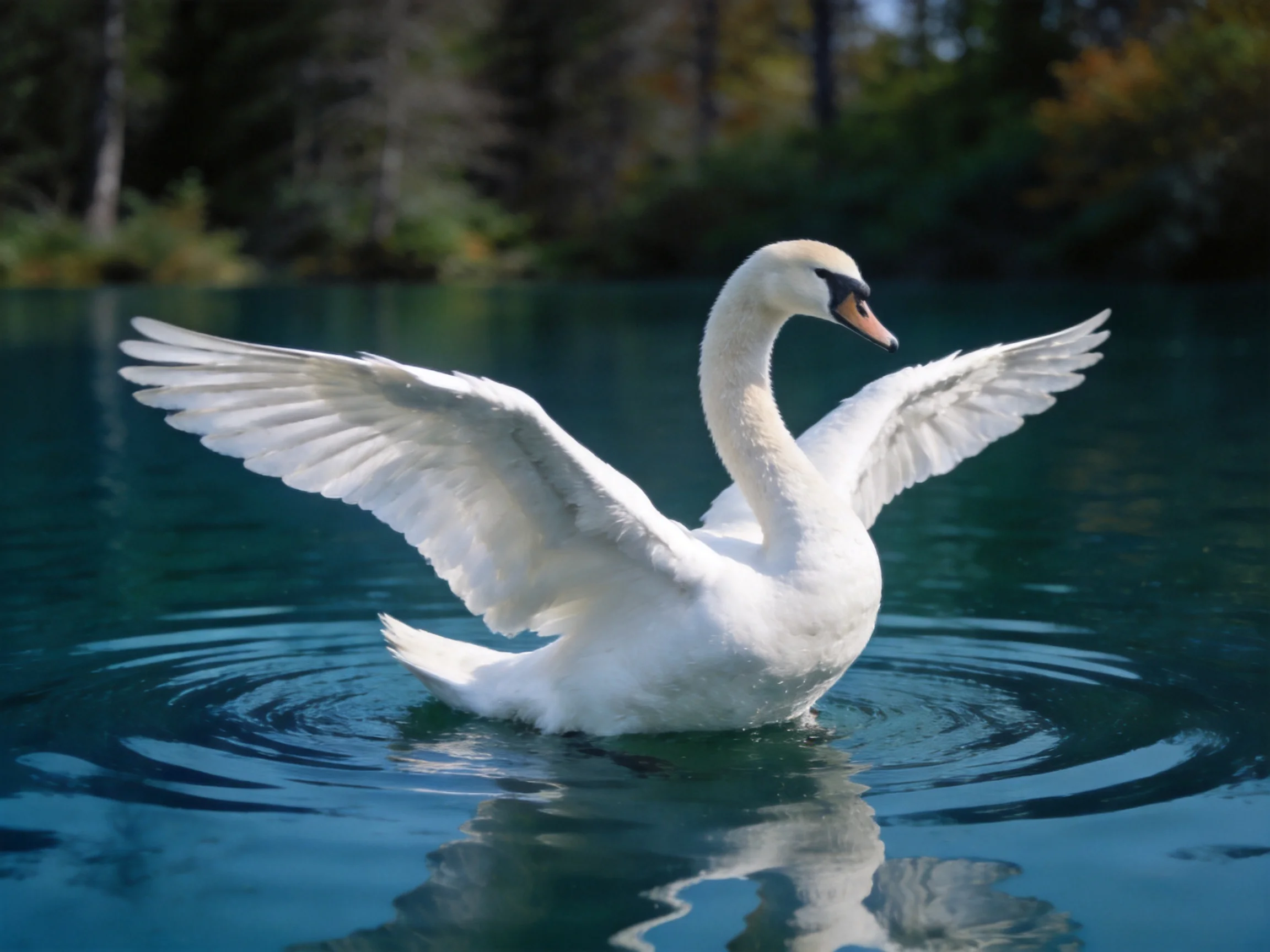 A white swan spreads wings in serene blue water
