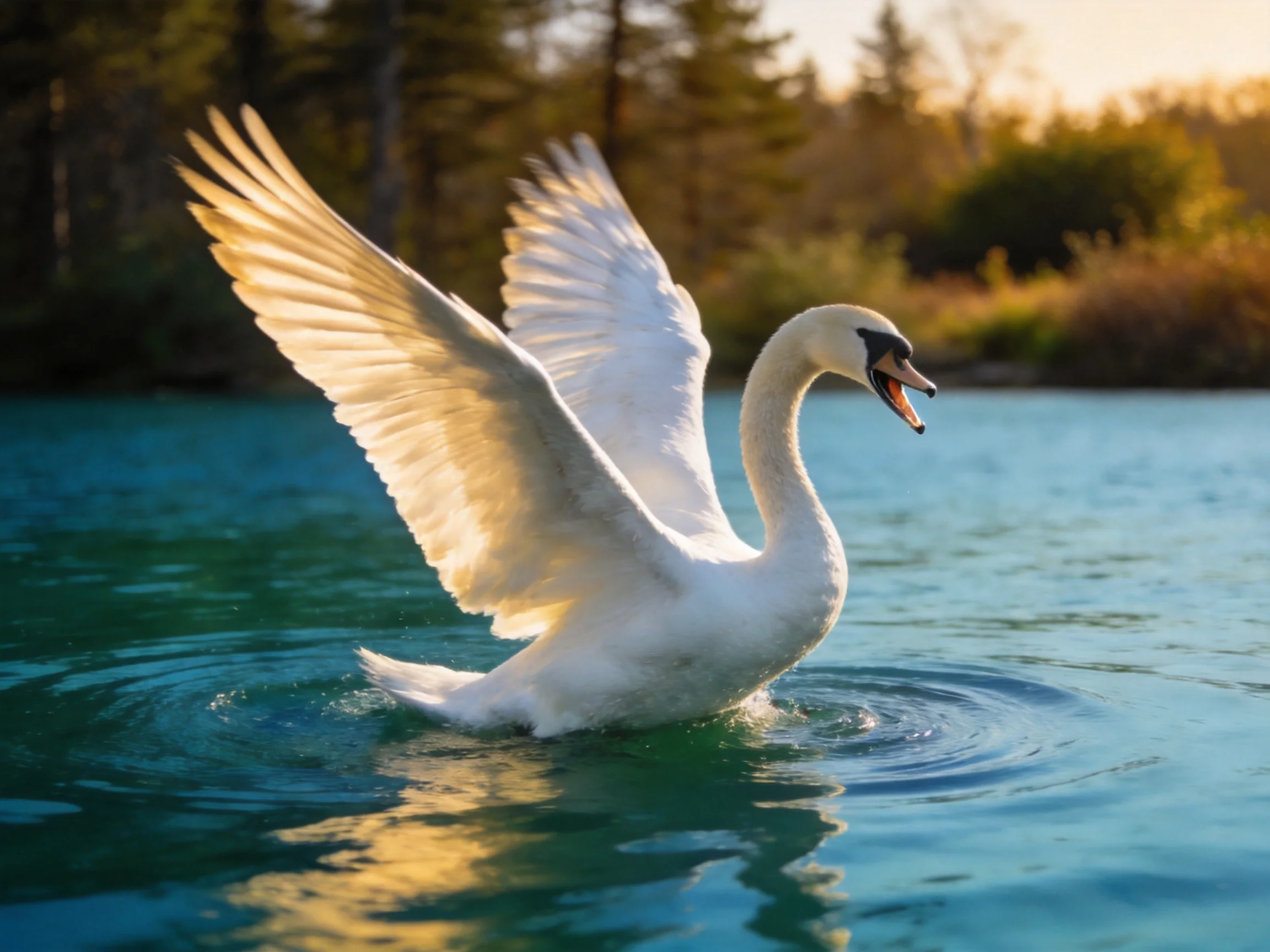 A white swan spreads wings in turquoise water under golden light