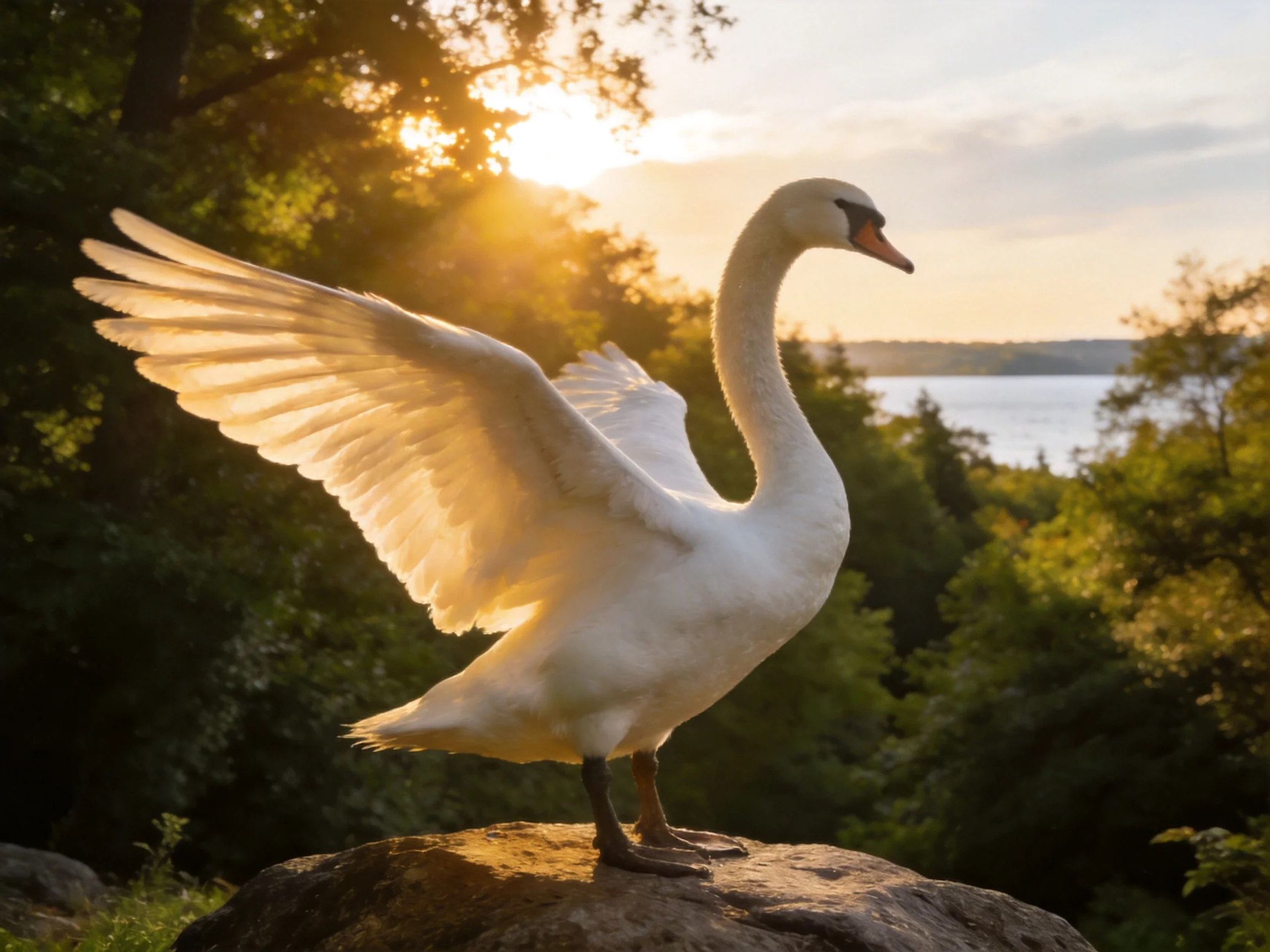 A white swan spreads wings on a rocky outcrop during golden hour