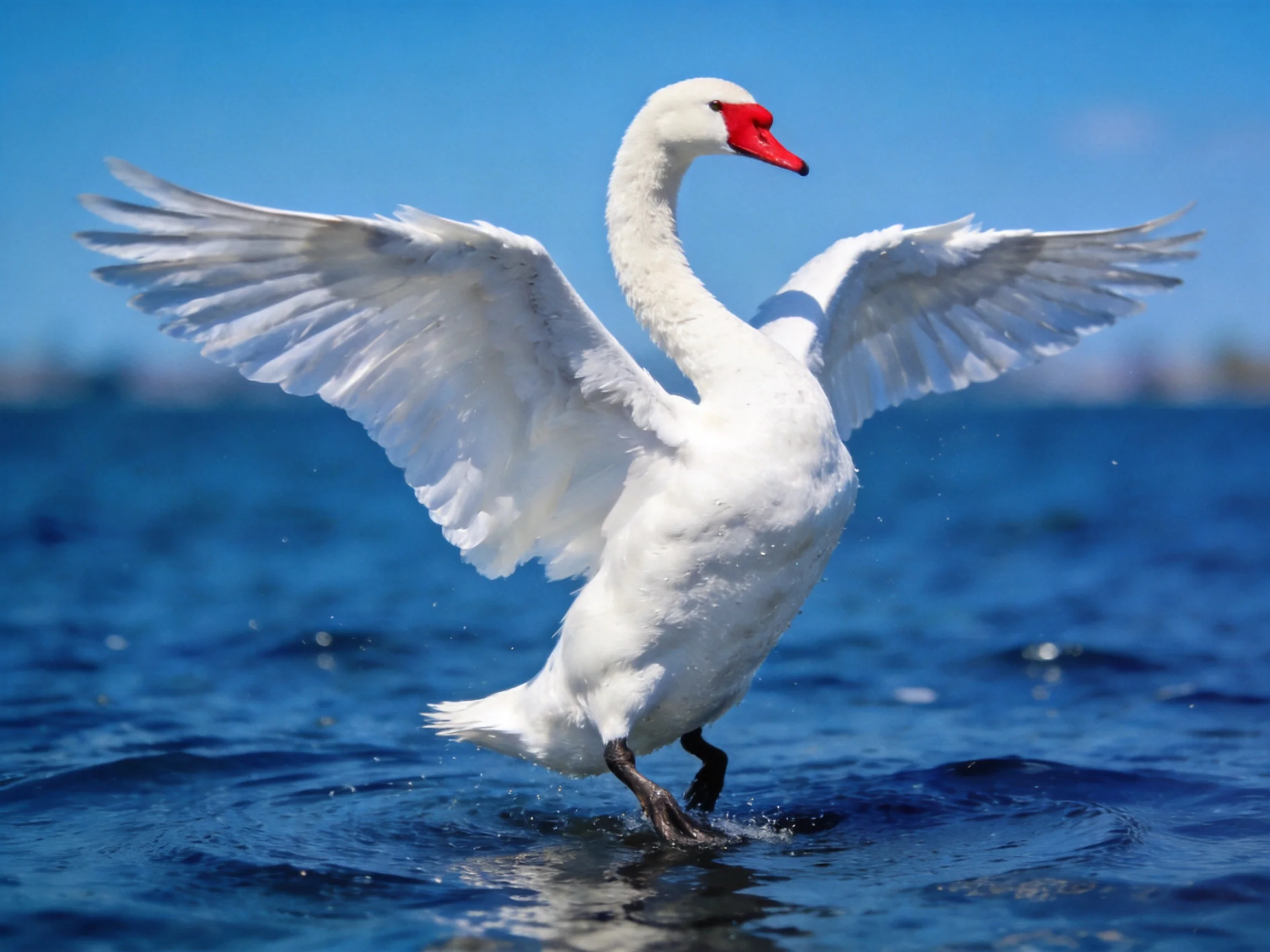 A white swan spreads wings on blue water with bright red beak