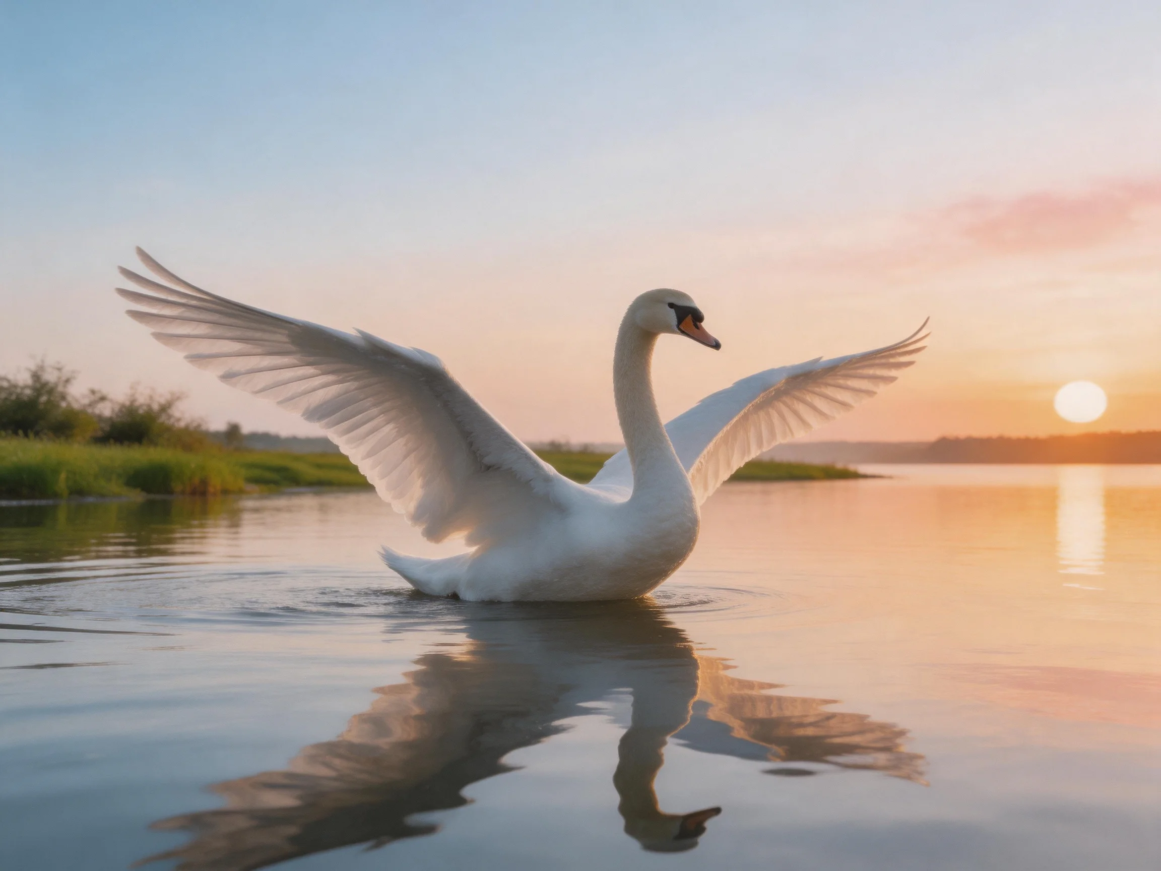 A white swan spreads wings on calm water at sunset