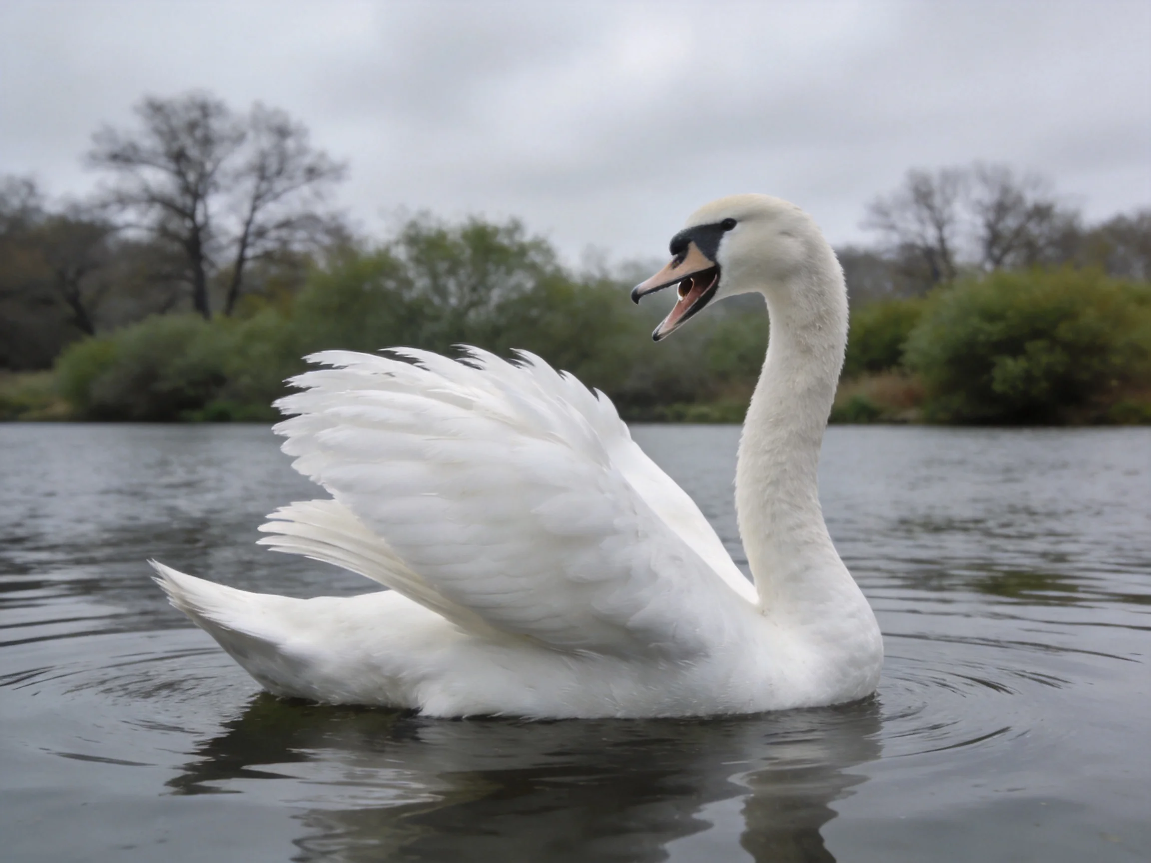 A white swan spreads wings on calm water