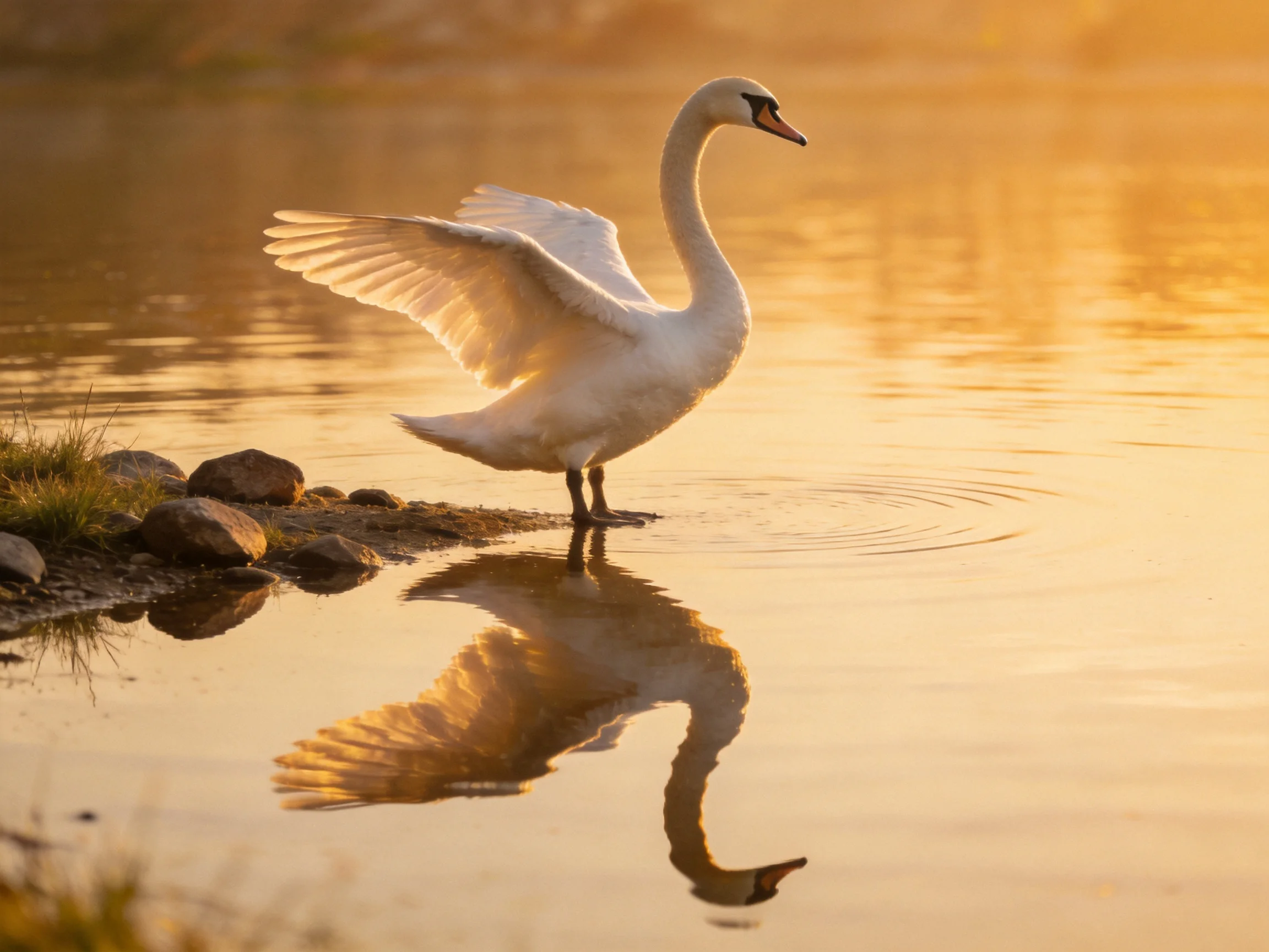 A white swan spreads wings on golden shoreline
