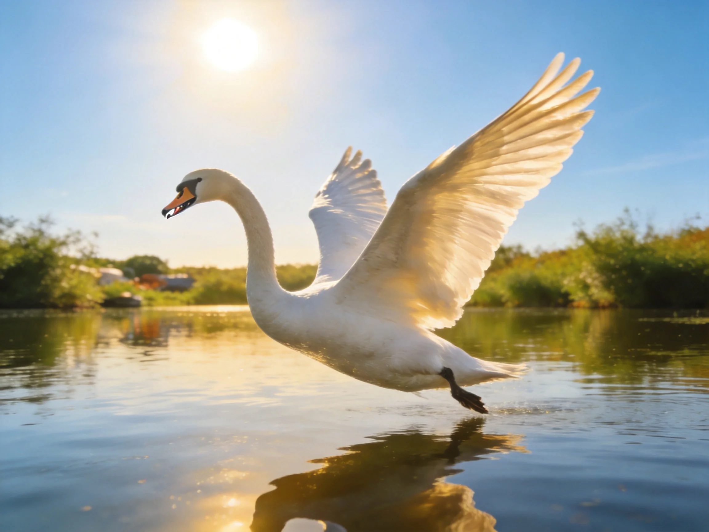A white swan spreads wings over calm water under sunny skies