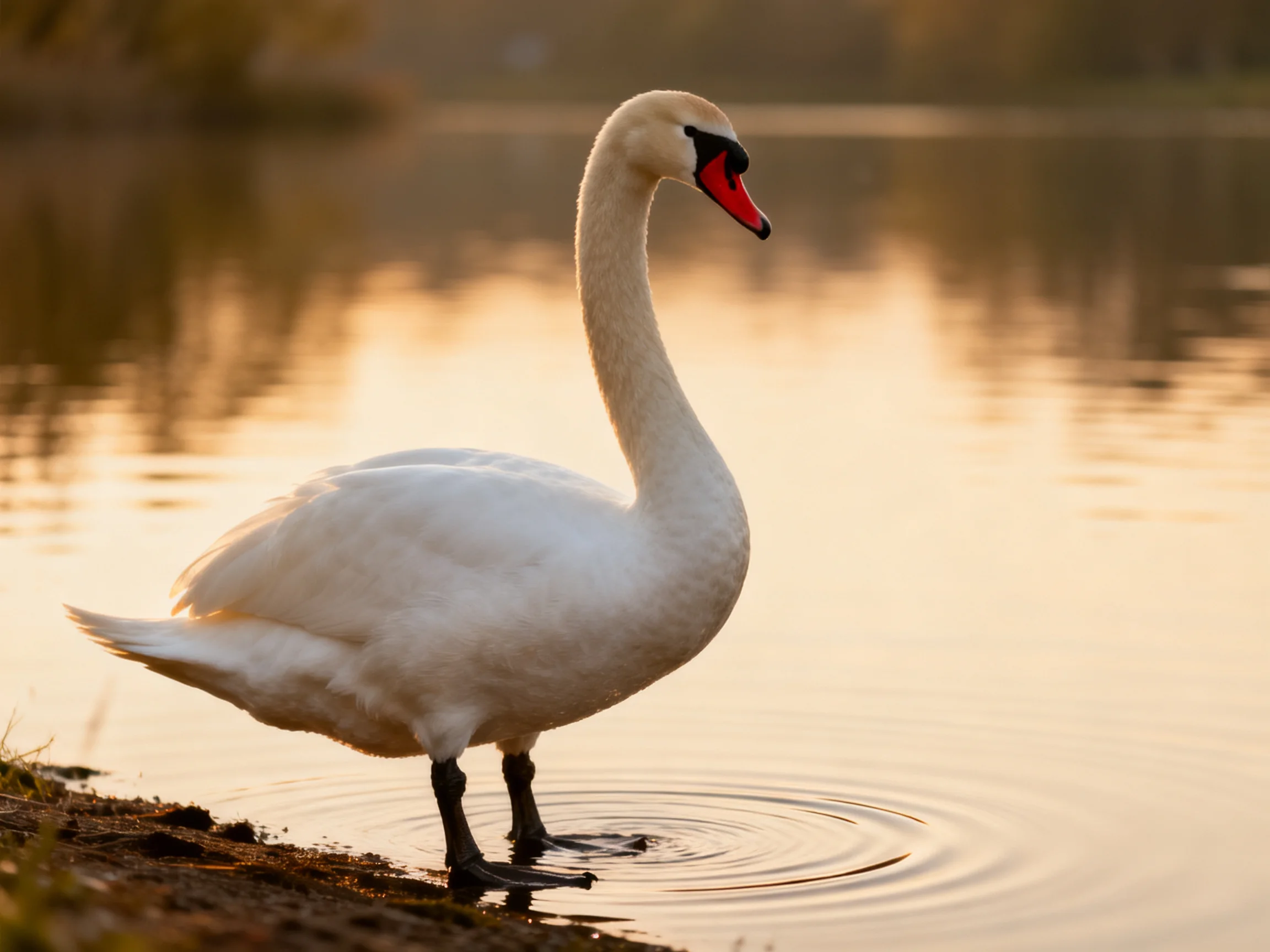 A white swan stands at a calm lakes edge during golden hour