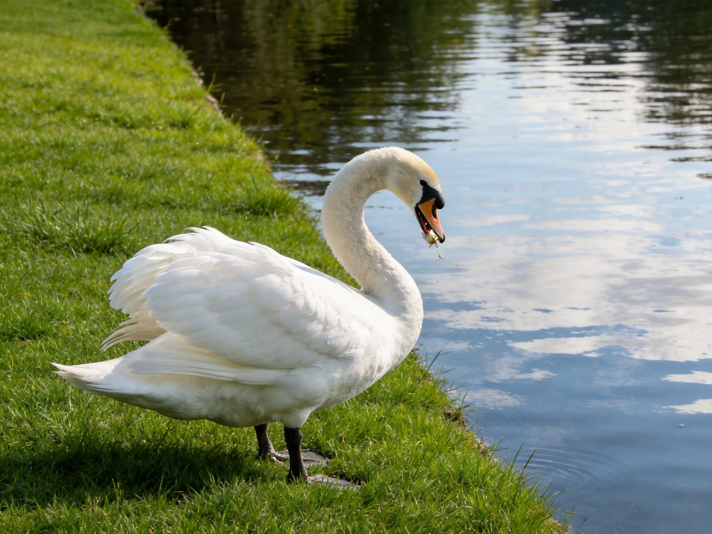 A white swan rests beside a tranquil waterway with green grass.