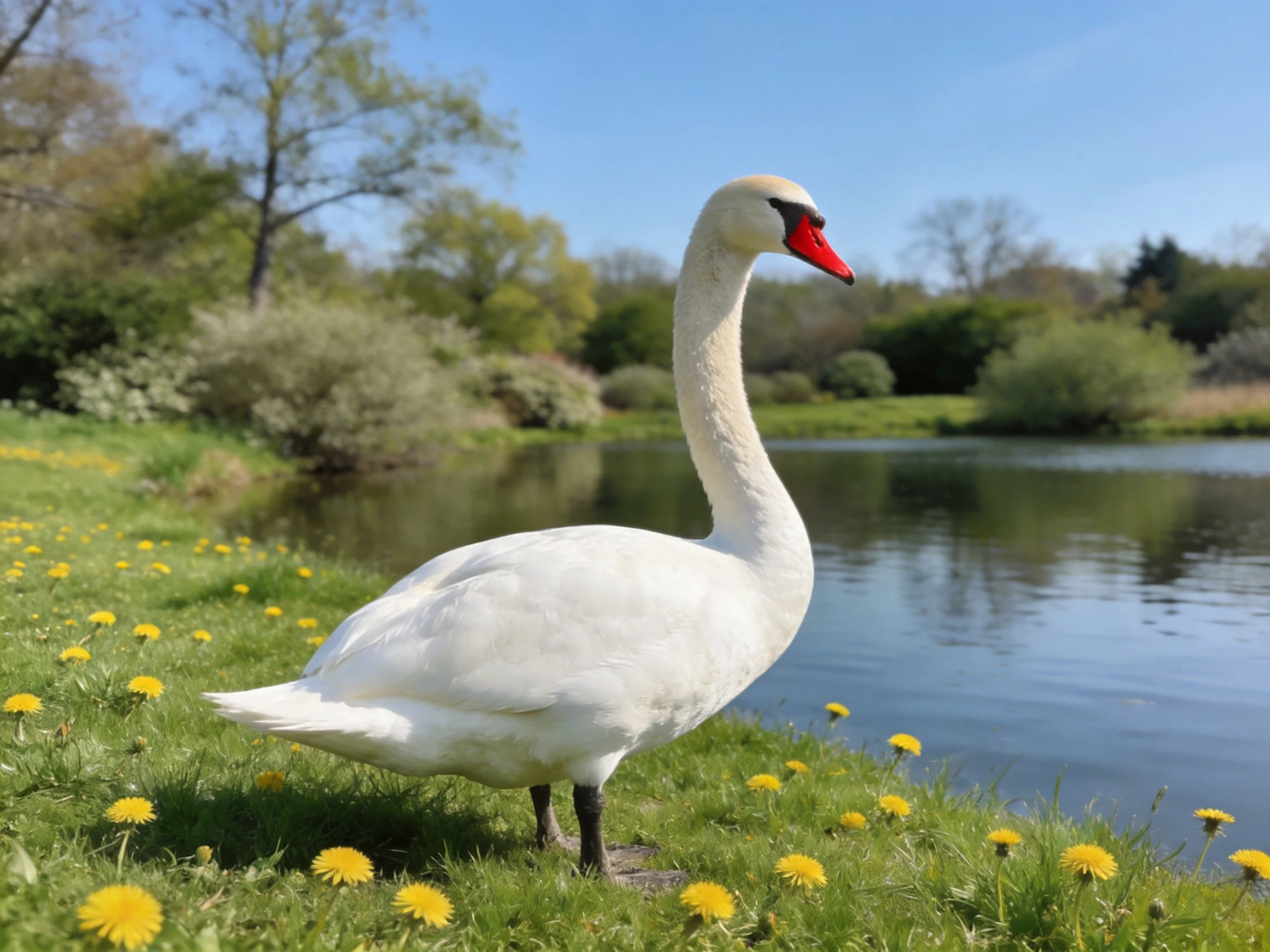 A white swan rests beside a tranquil lakeside setting with greenery.