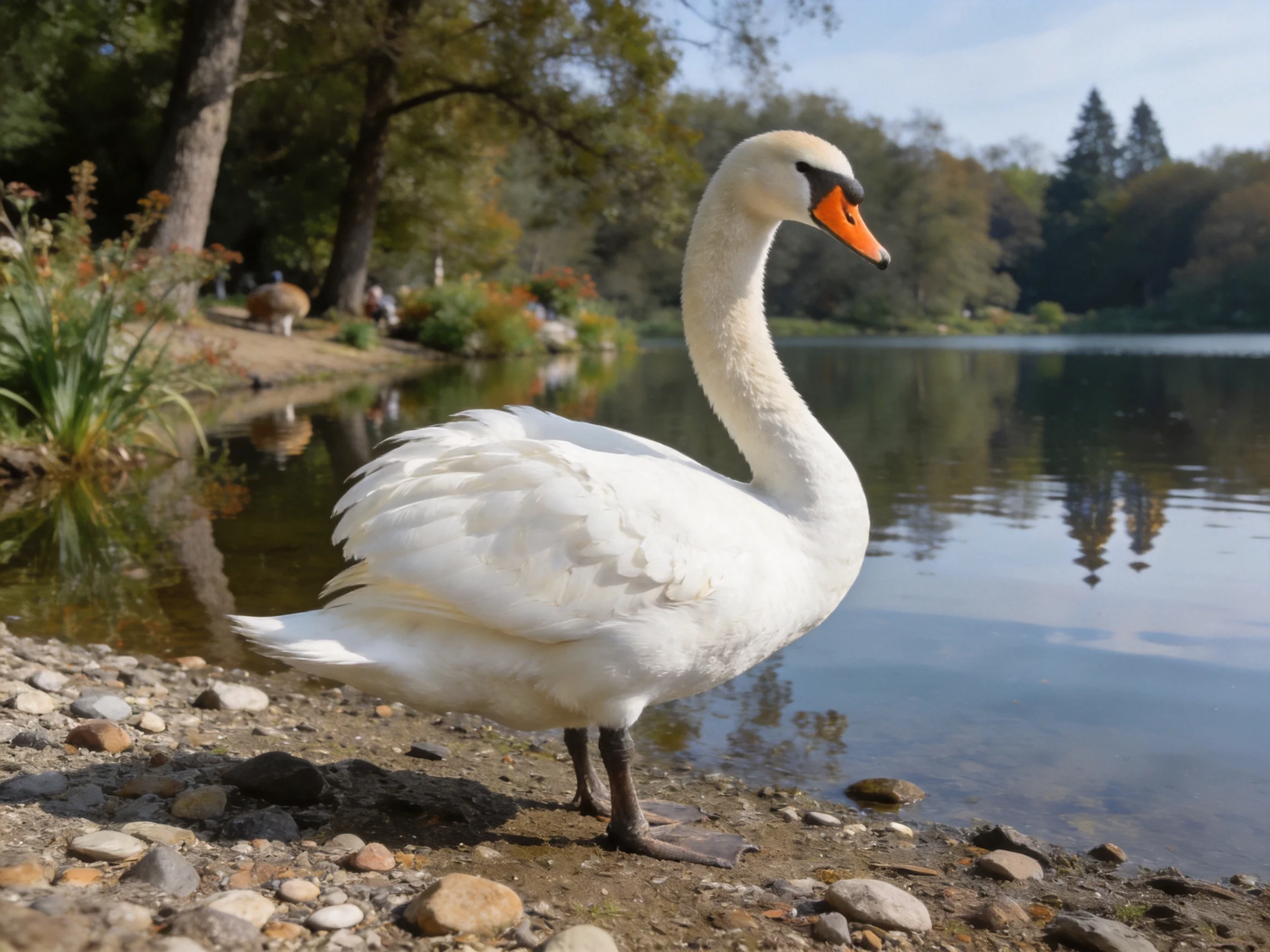 A white swan stands by a calm lakeshore with pebbles