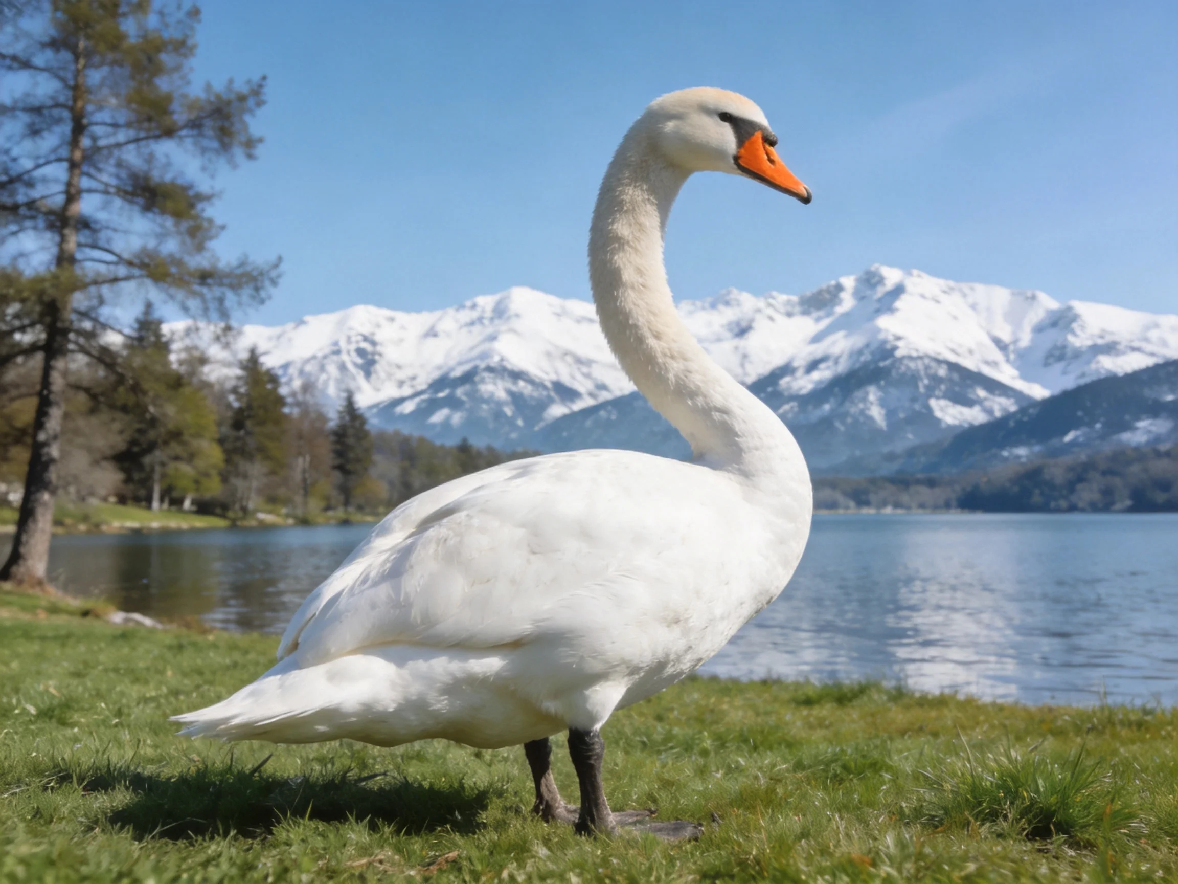 A white swan is near a lake with snow-capped mountains in the background.