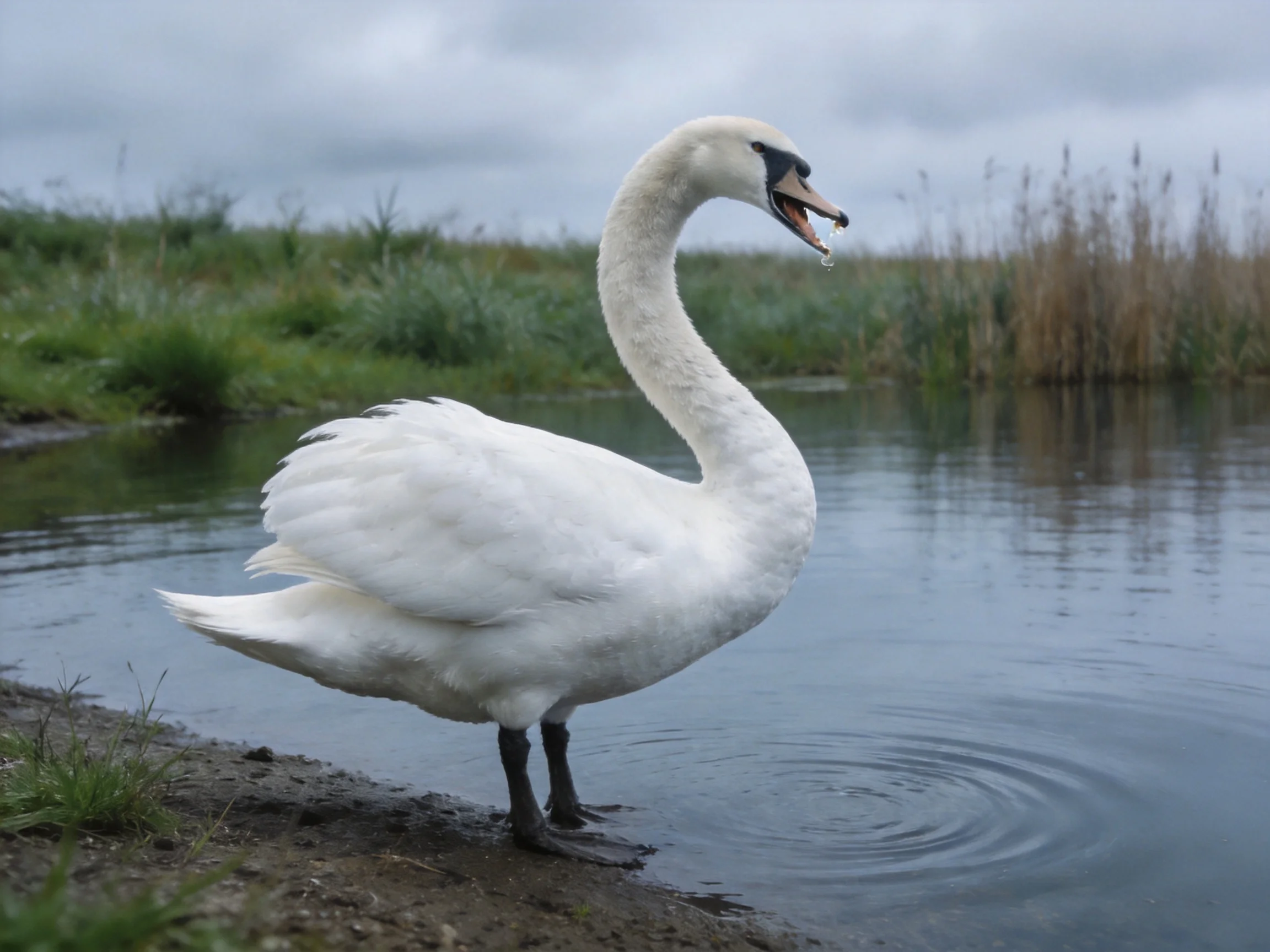 A white swan stands by calm water with tall reeds