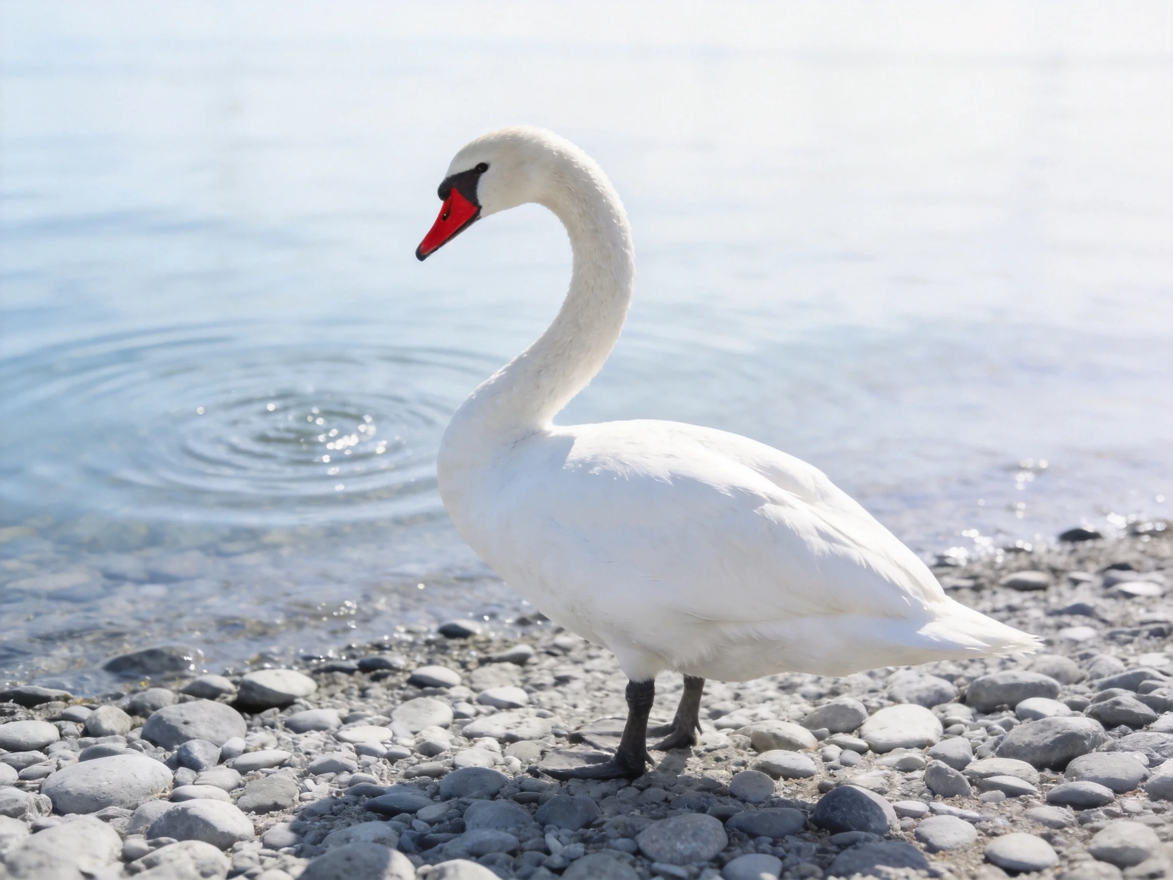 A white swan stands on gray pebbles near calm water