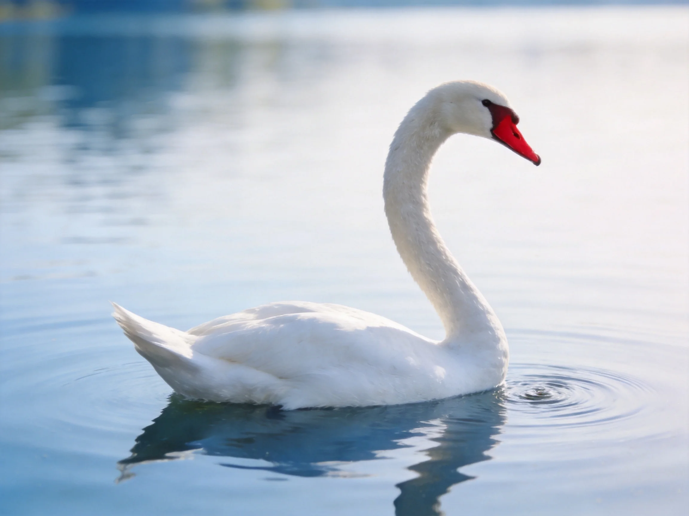A white swan swimming in calm blue water