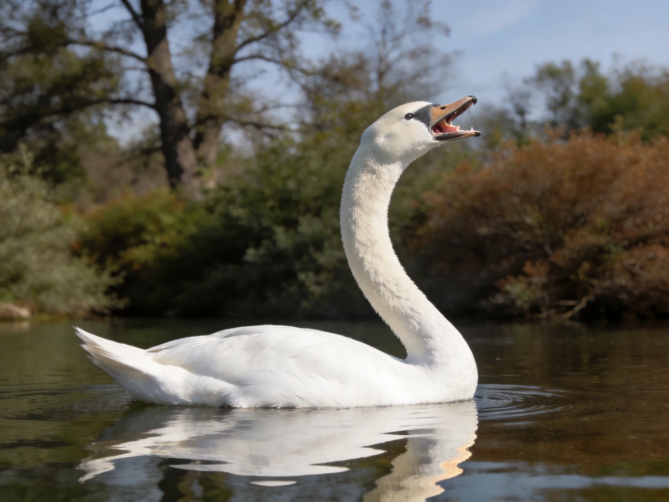 A white swan swimming in calm water near greenery