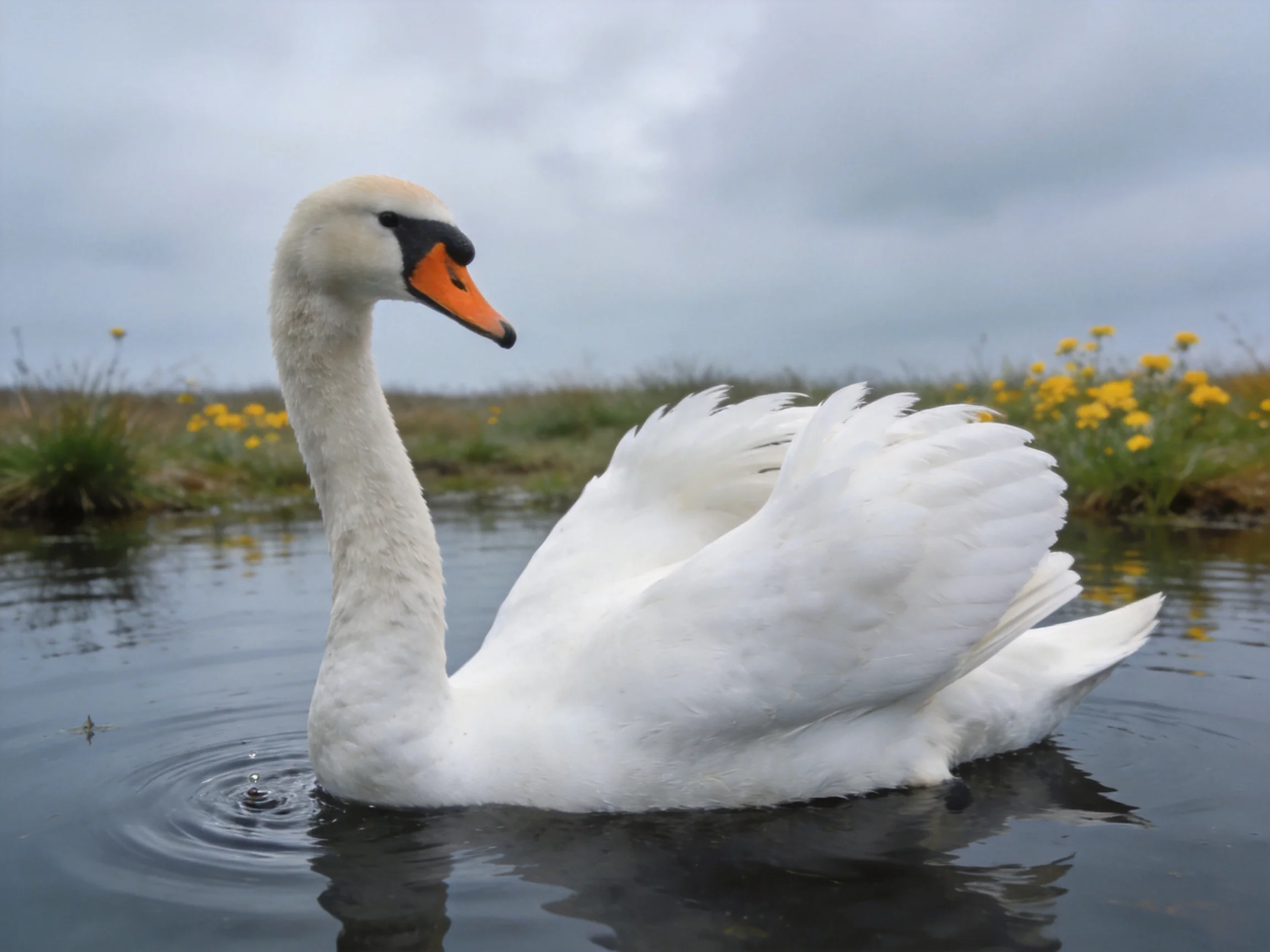 A white swan swimming in calm water near yellow wildflowers