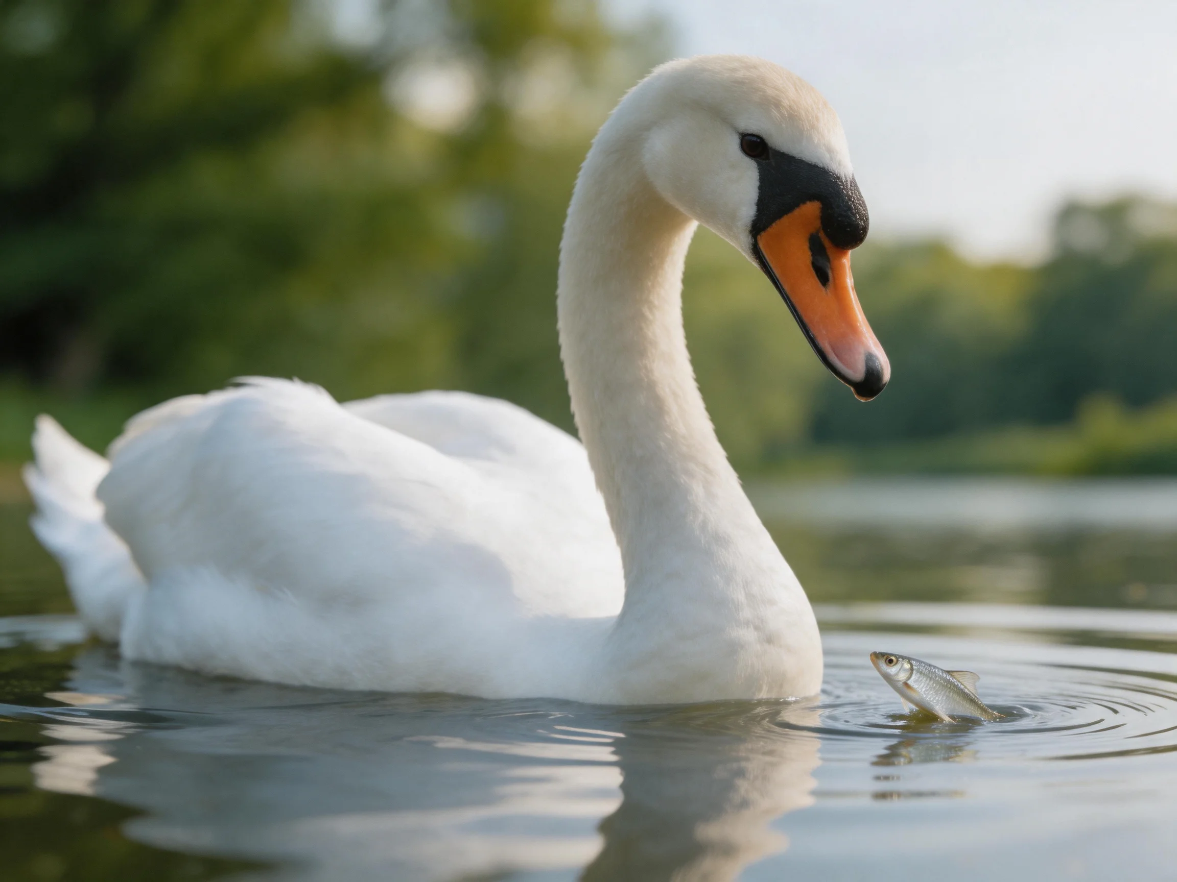 A white swan swimming near a small silver fish in calm water