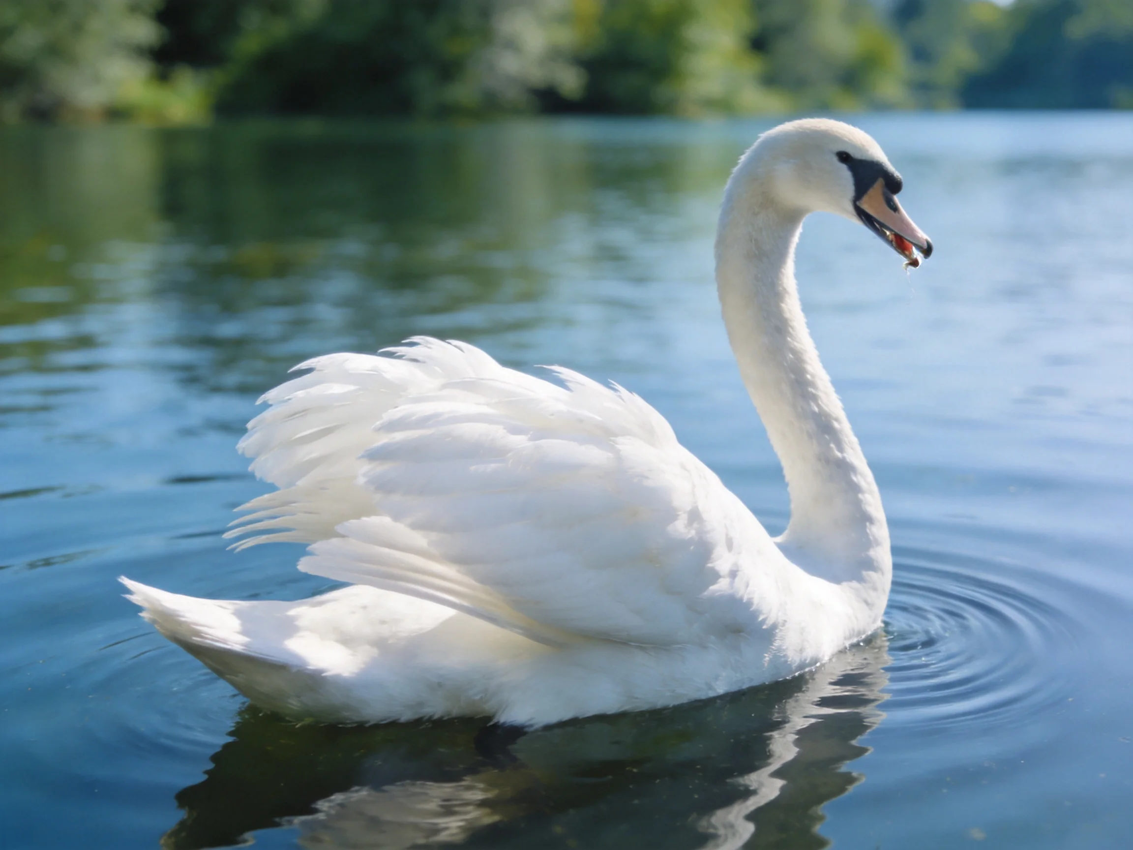 A white swan swimming on calm blue water near green trees
