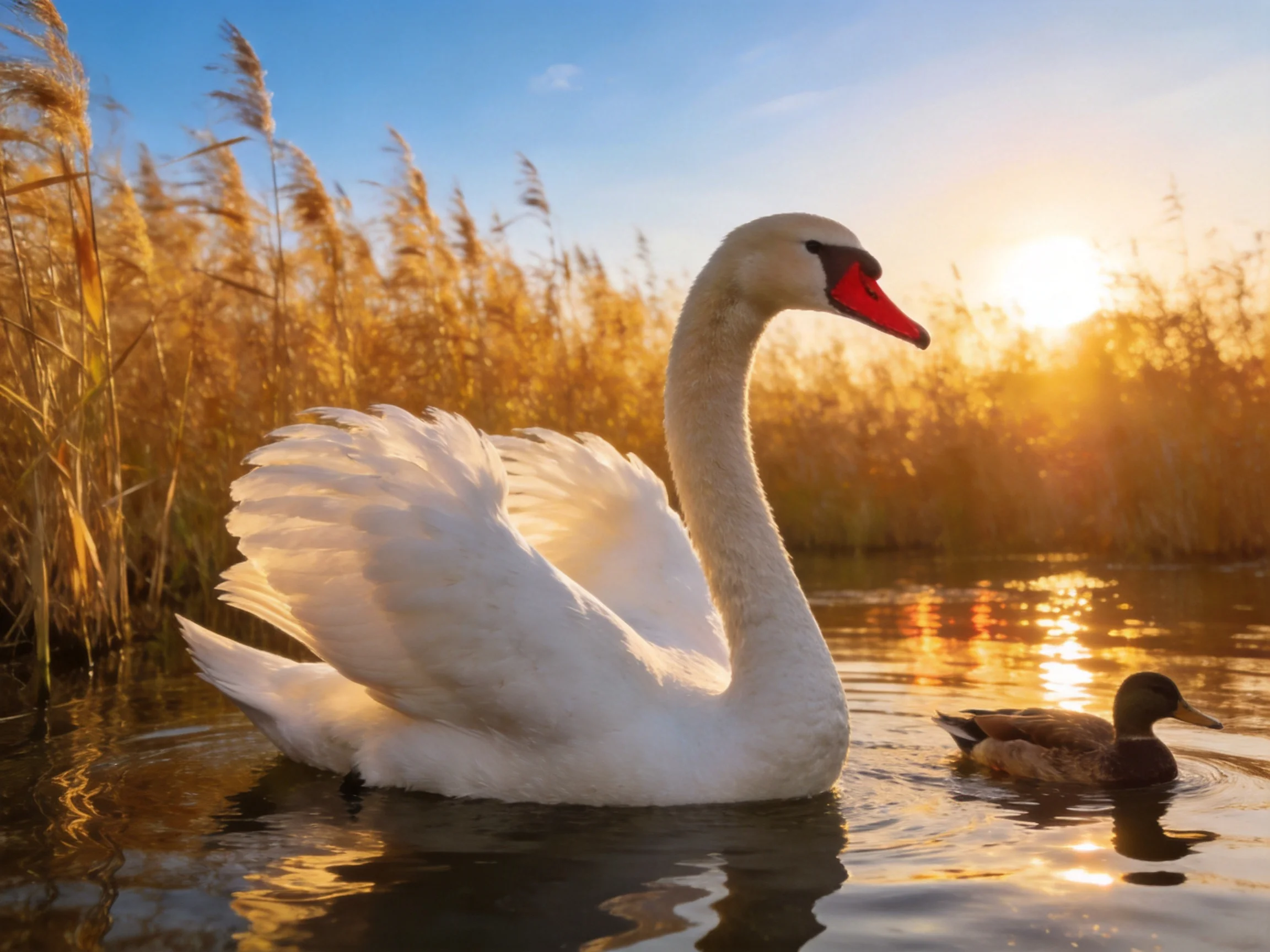 A white swan swims beside a duck among golden reeds at sunset