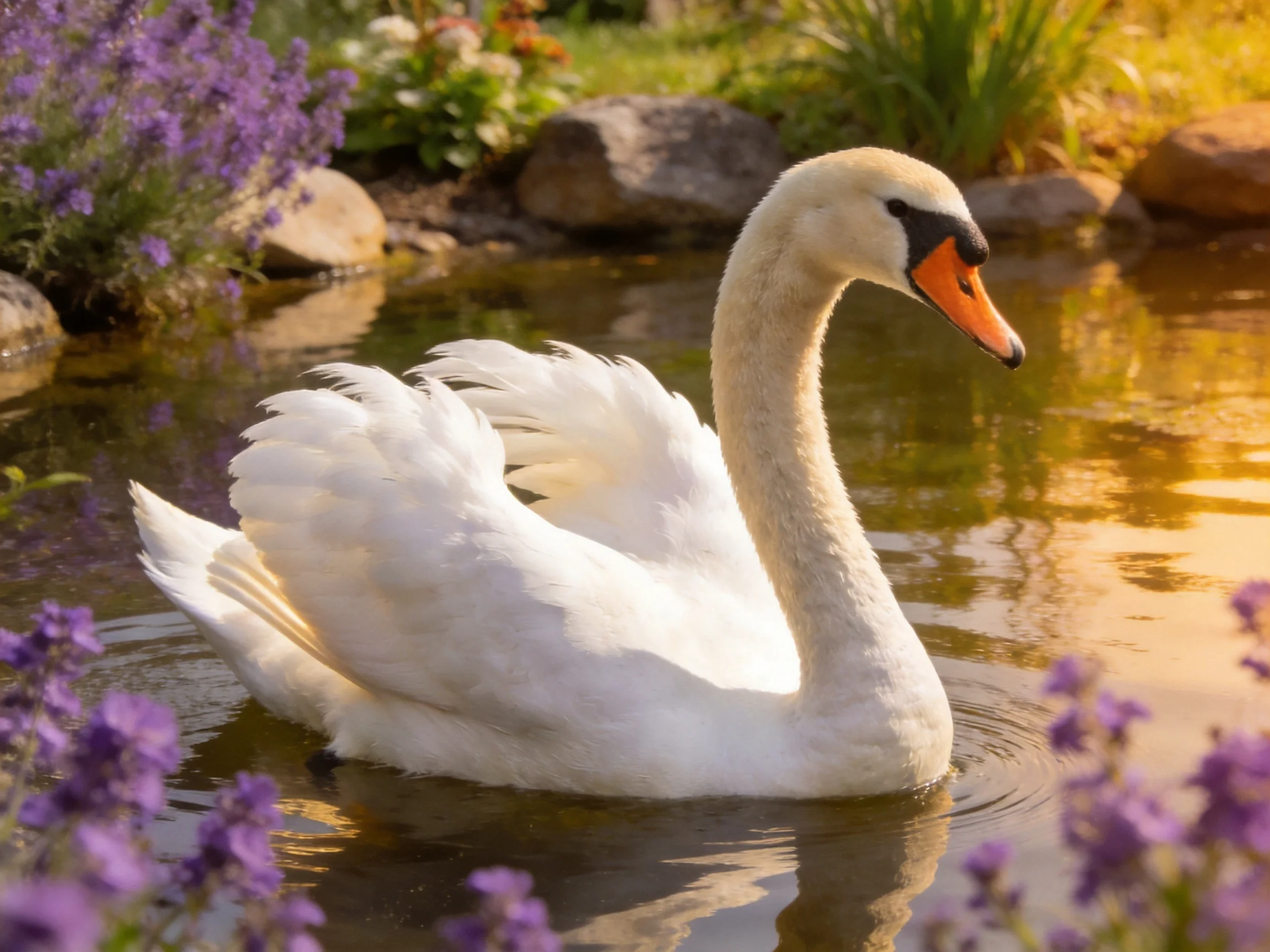 A white swan swims in a golden pond near purple flowers and rocks.