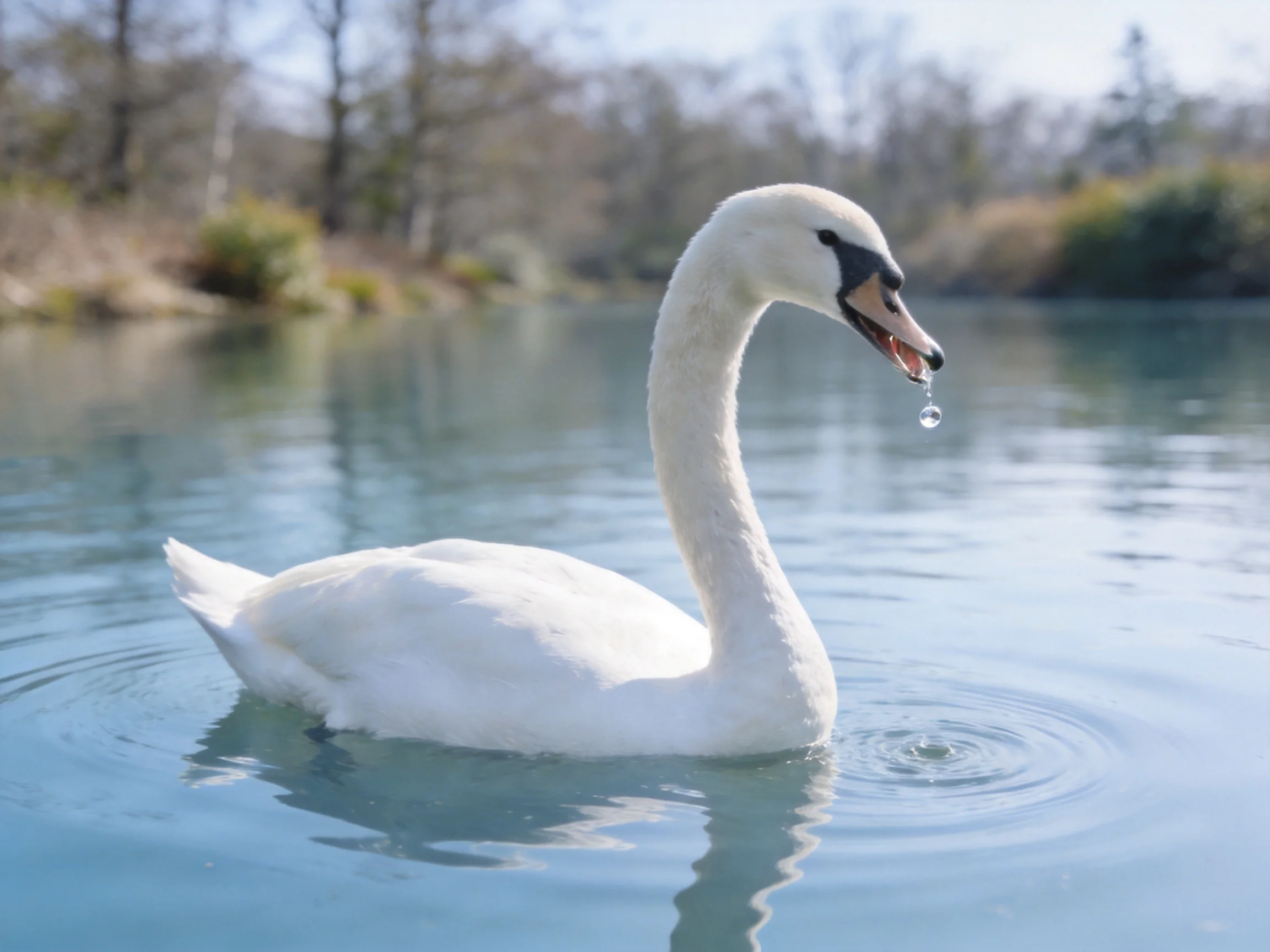 A white swan swims in calm blue water with a droplet hanging