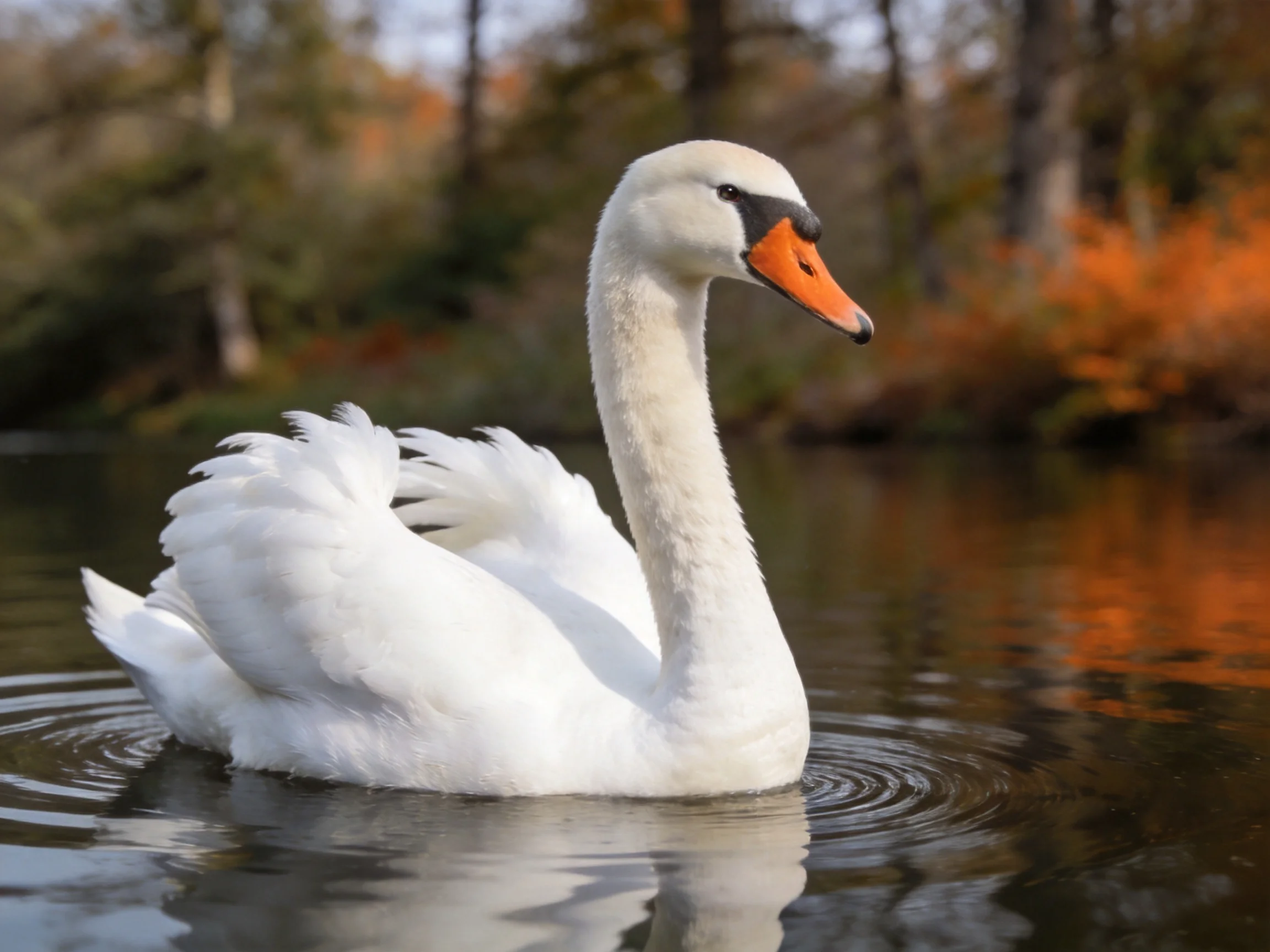 A white swan glides on calm water with autumn trees in the background.