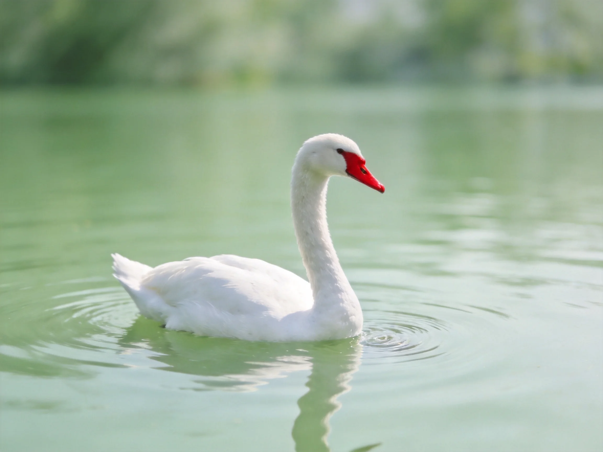 A white swan with a red beak floats serenely on calm green water.