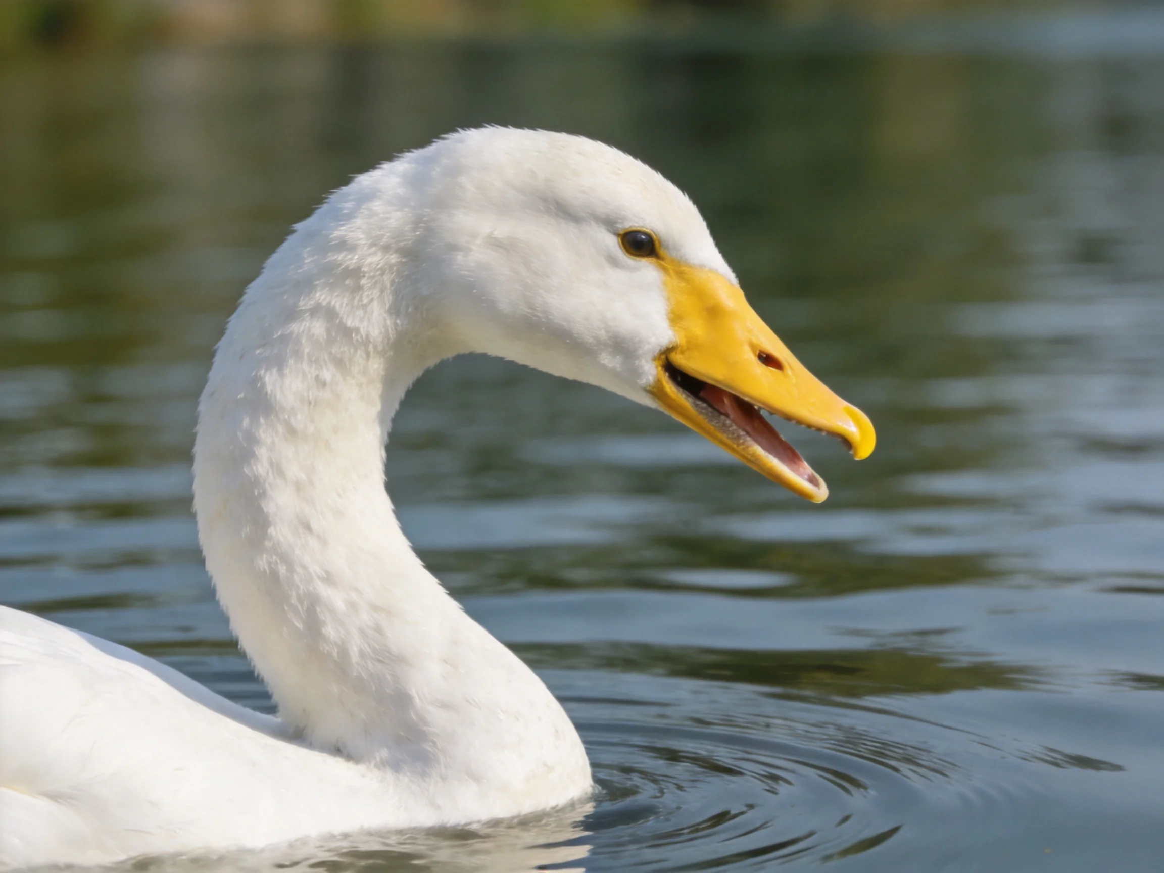A white swan with a yellow beak floats serenely on calm water.