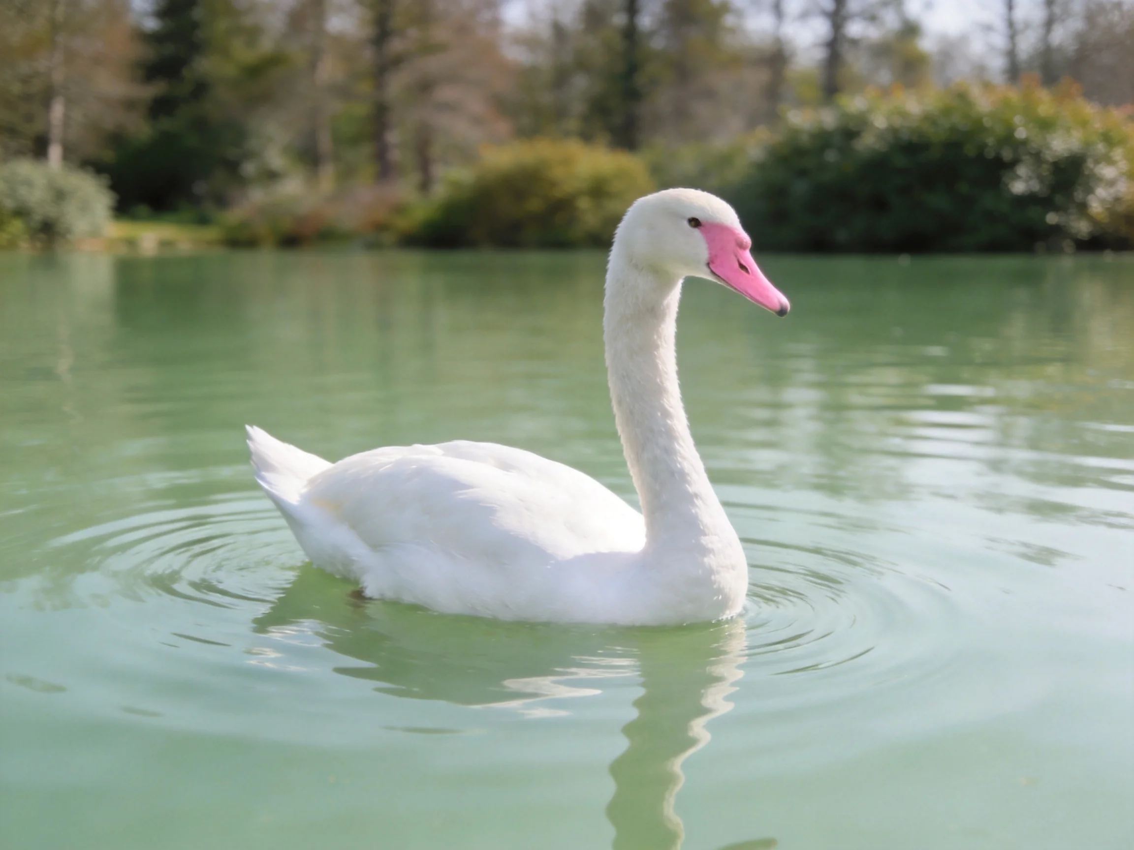 A white swan with a pink beak floats calmlyenely on green water.