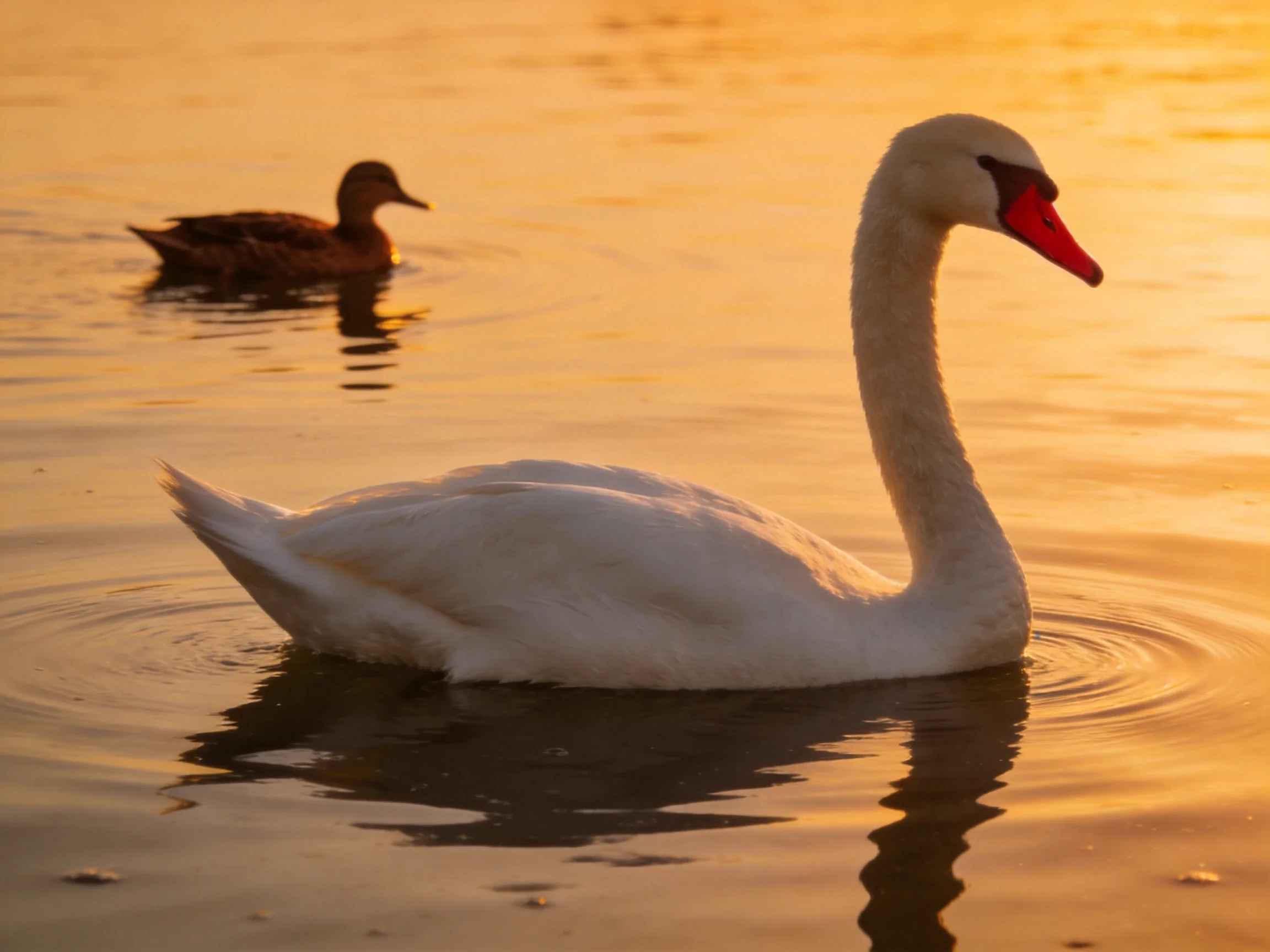 Two birds—a white swan and a brown duck—glide through golden water at sunset