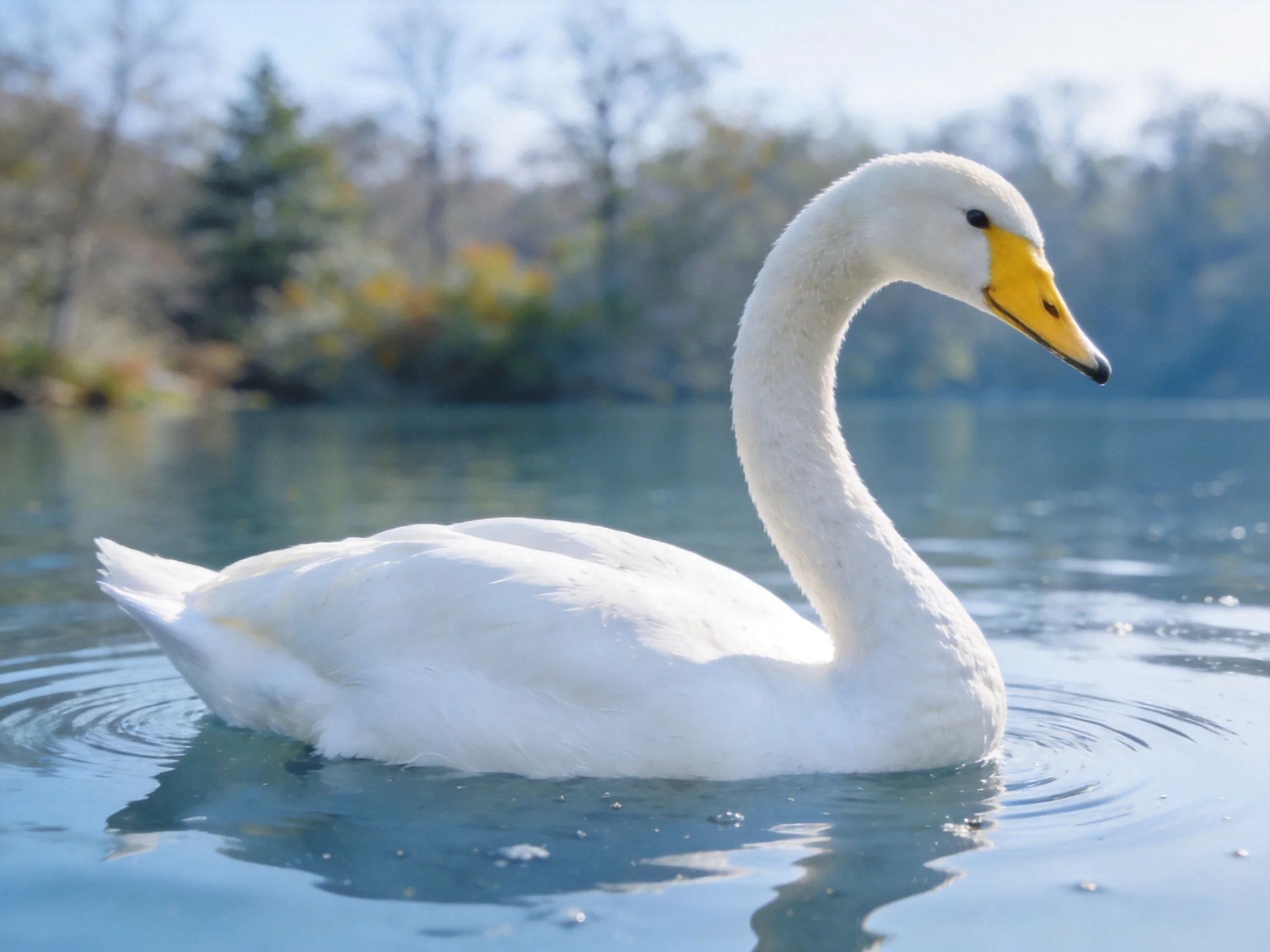 A white swan with a yellow beak swims in calm blue water near trees