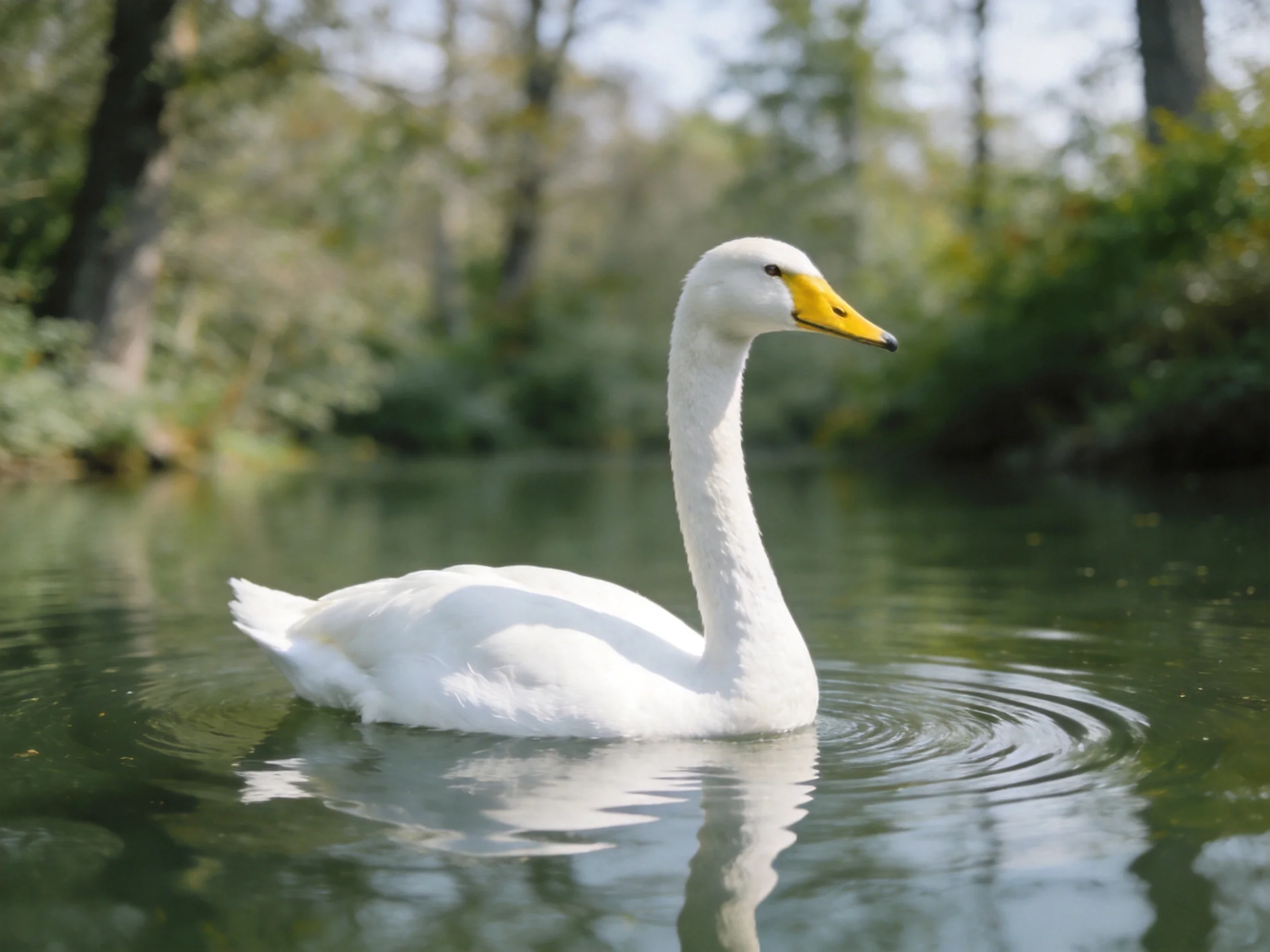 A white swan with a yellow beak floats peacefully on calm water in a natural setting