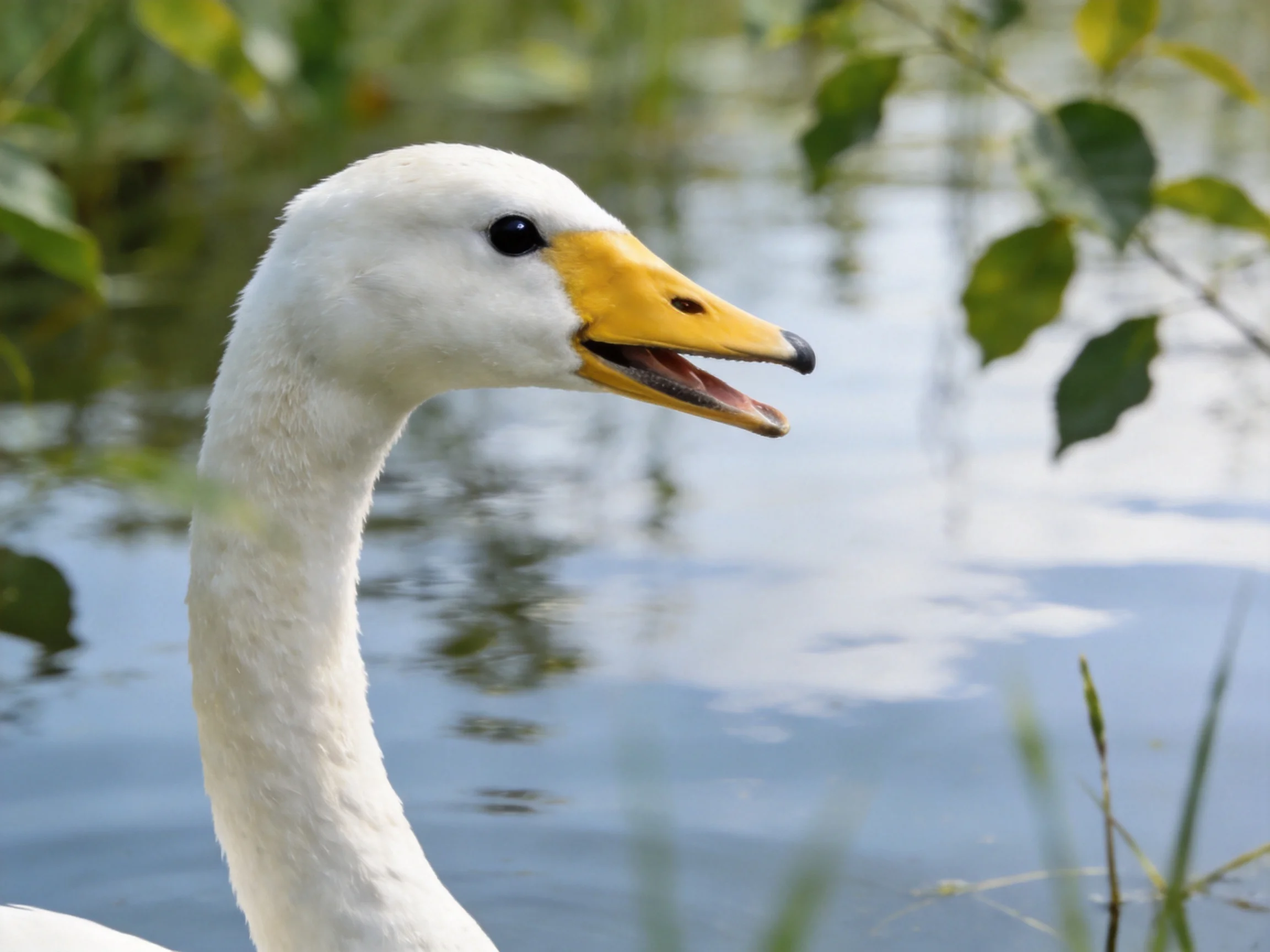 A white swan with an open beak is near calm water surrounded by greenery.