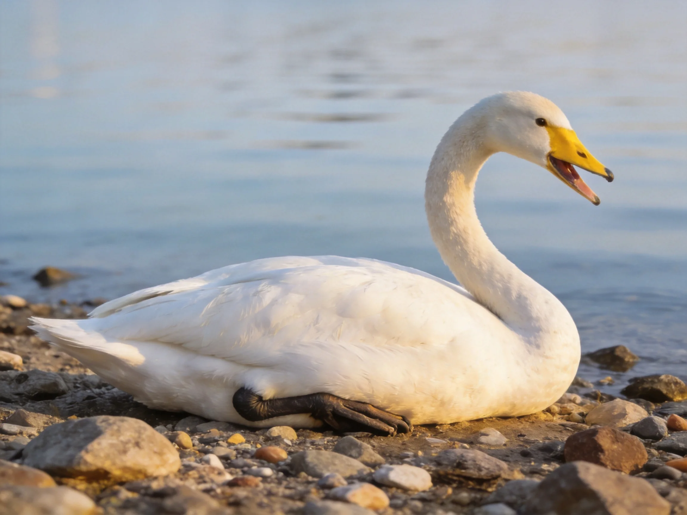 A white swan with a yellow beak rests on a pebbly shore by calm water