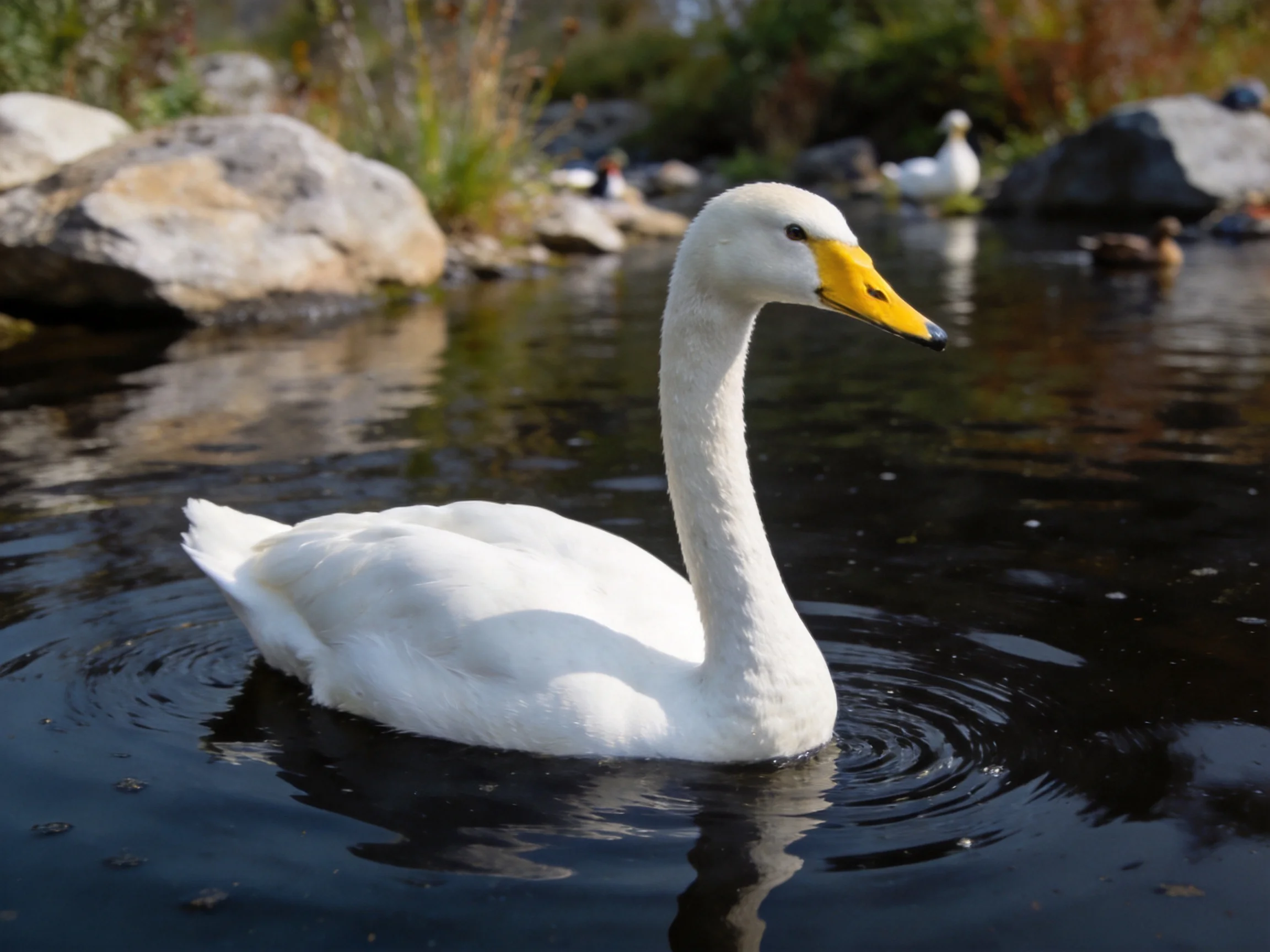 A white swan with a yellow beak swims in dark water near rocks
