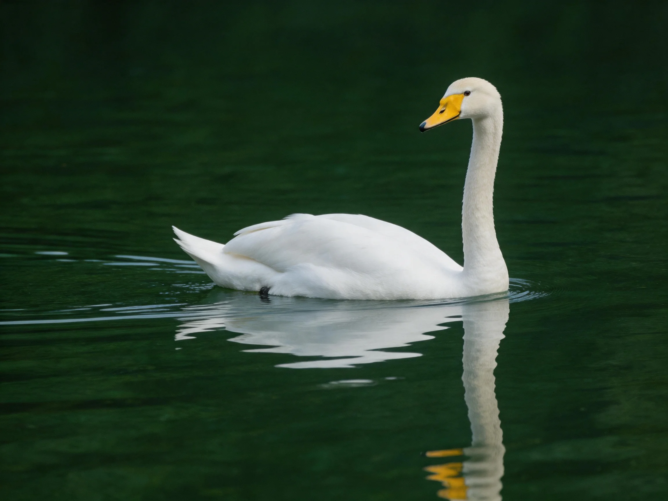A white swan with a yellow beak swims on dark green water