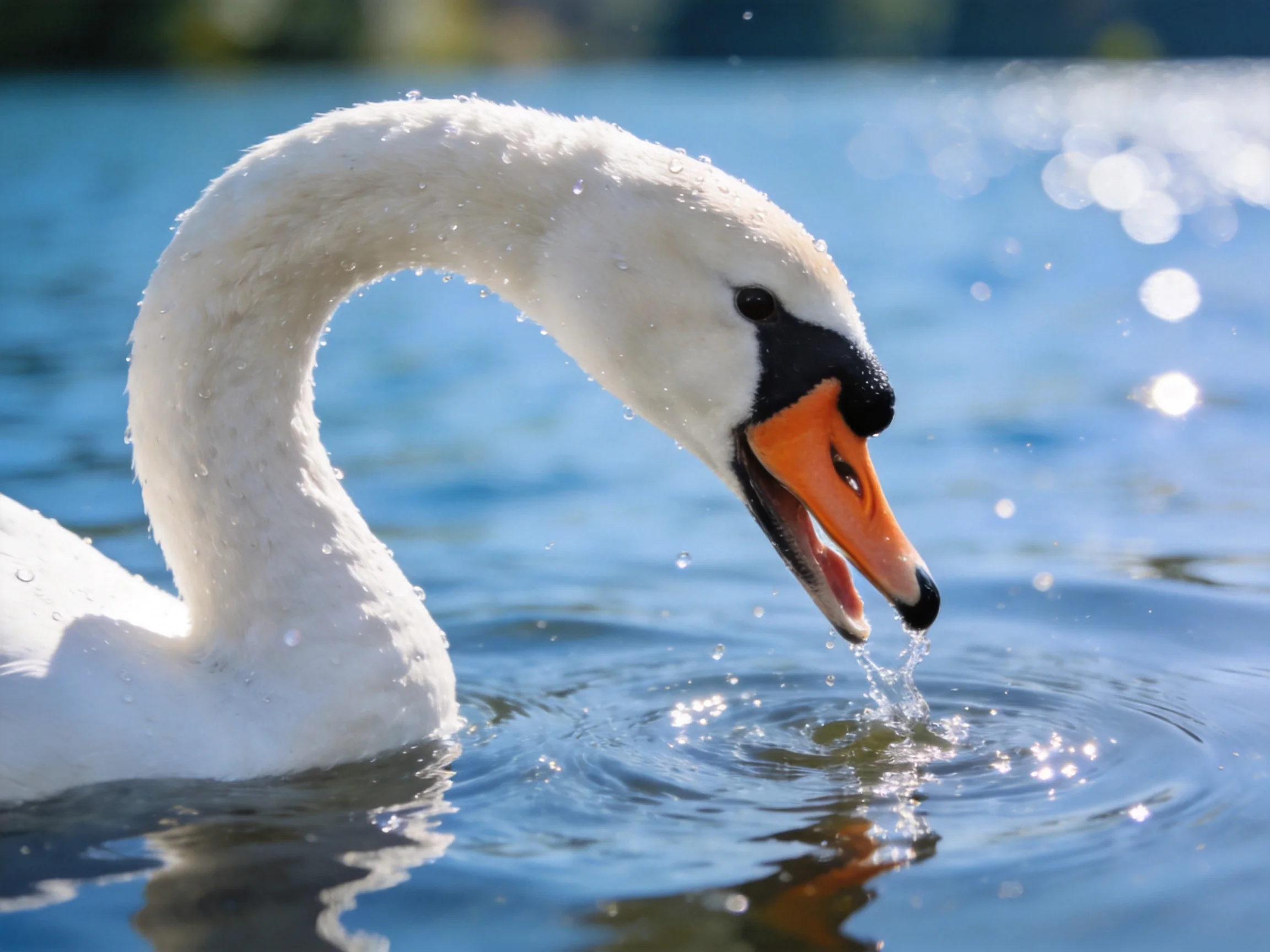A swan drinks from calm water, highlighting its striking features.
